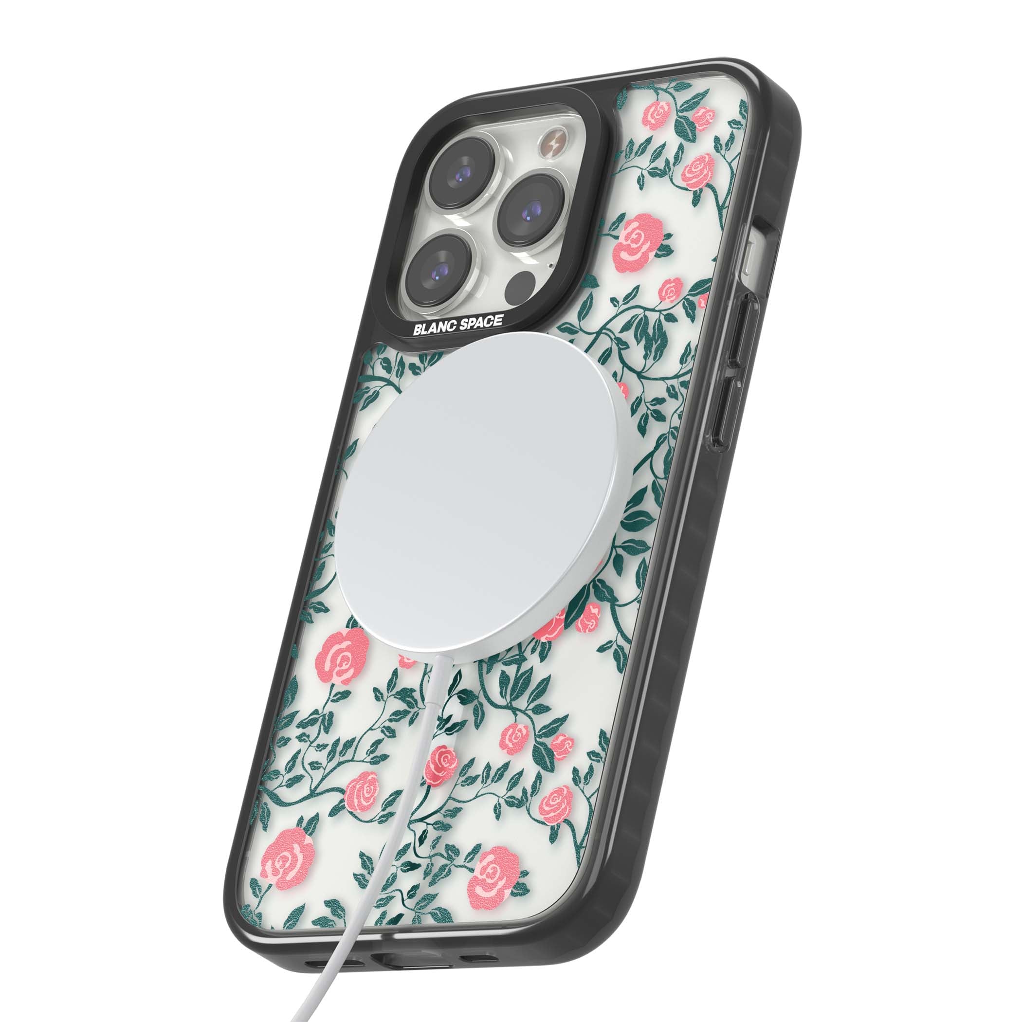 Rose Trellis (Clear) cottagecore iPhone case featuring pink climbing roses and green leaves on clear background | Black Impact Magsafe case for iPhone 13 Pro, iPhone 14 Pro, iPhone 15 Pro