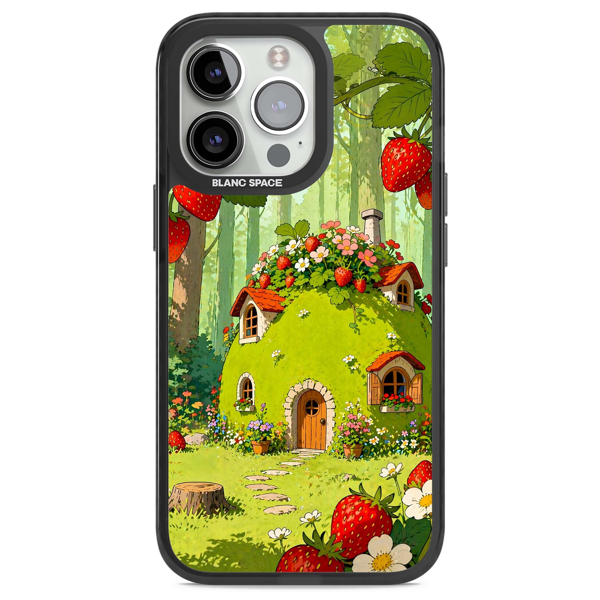 Strawberry Cottage cottagecore iPhone case featuring a green fairy house, wild strawberries and enchanted forest flowers | Black Impact Magsafe case for iPhone 13 Pro, iPhone 14 Pro, iPhone 15 Pro