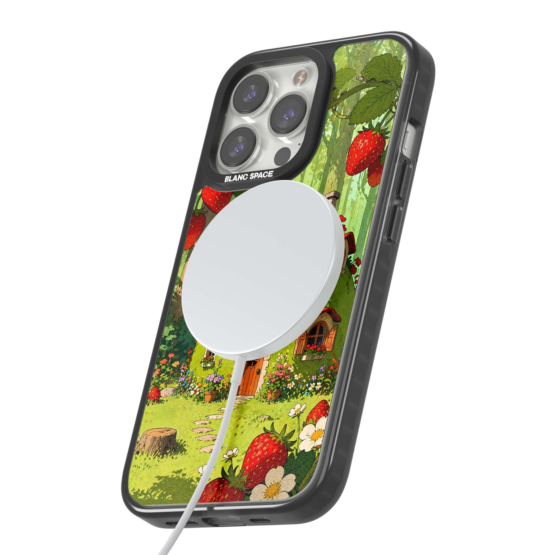 Strawberry Cottage cottagecore iPhone case featuring a green fairy house, wild strawberries and enchanted forest flowers | Black Impact Magsafe case for iPhone 13 Pro, iPhone 14 Pro, iPhone 15 Pro