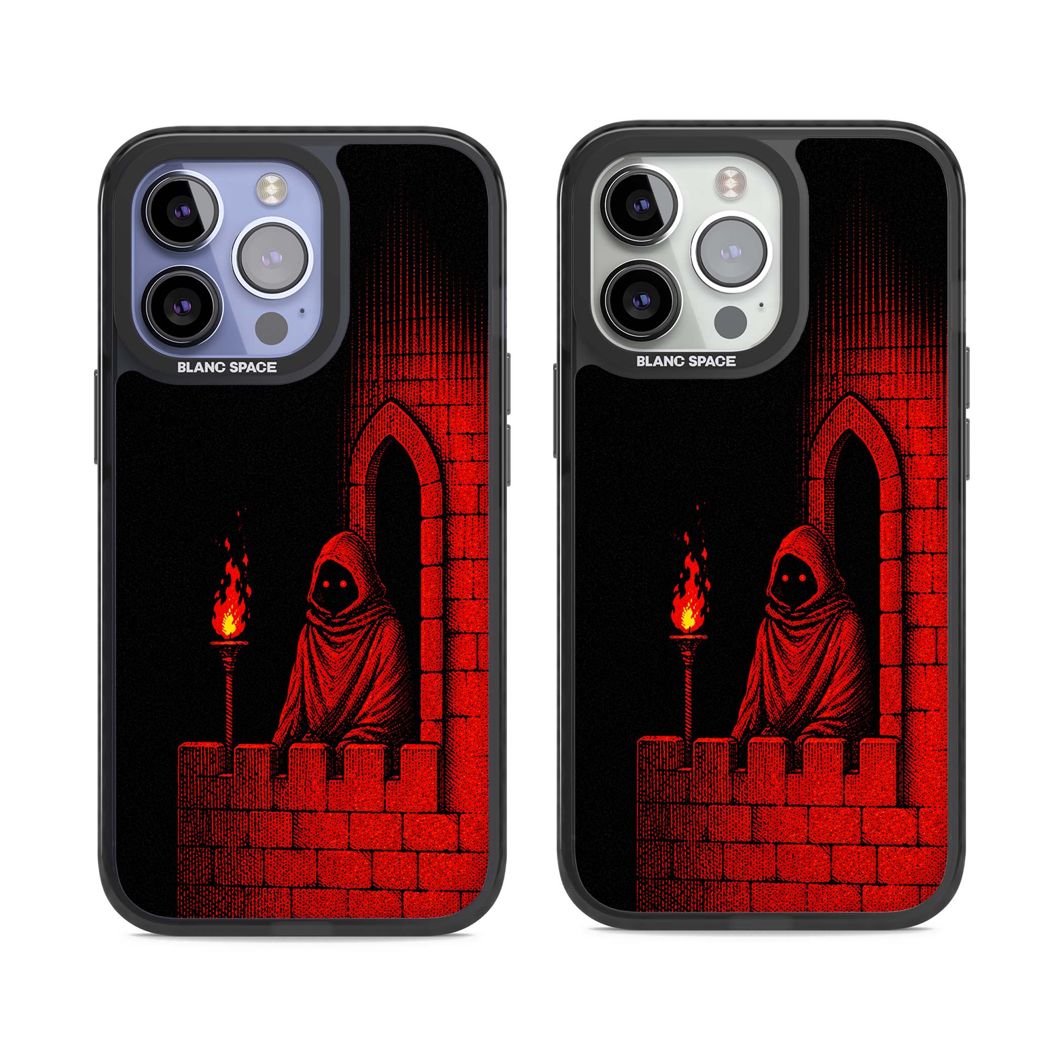 Crimson Crypt gothic iPhone case featuring a hooded reaper, torchlit crypt archway and red halftone horror art | Black Impact Magsafe case for iPhone 13 Pro, iPhone 14 Pro, iPhone 15 Pro