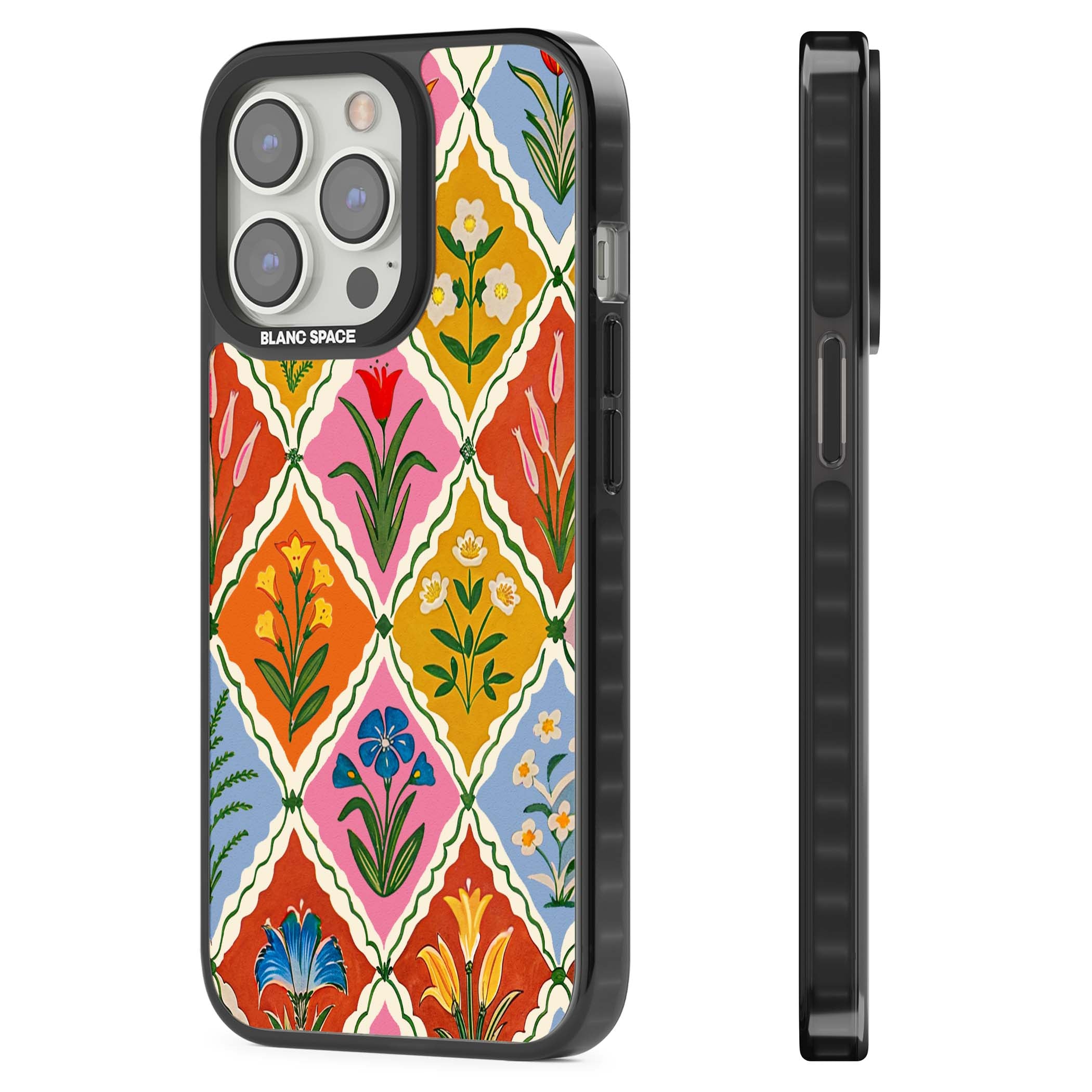 Floral Quilt boho floral iPhone case featuring diamond lattice pattern, hand-painted tulips and folk art wildflowers | Black Impact Magsafe case for iPhone 13 Pro, iPhone 14 Pro, iPhone 15 Pro