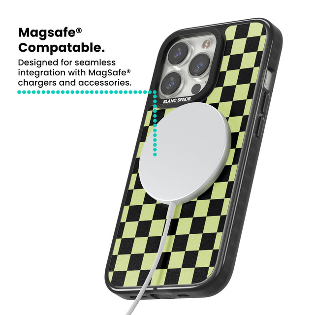 Black & Lime Check Magsafe Black Impact Phone Case for iPhone 13 Pro, iPhone 14 Pro, iPhone 15 Pro