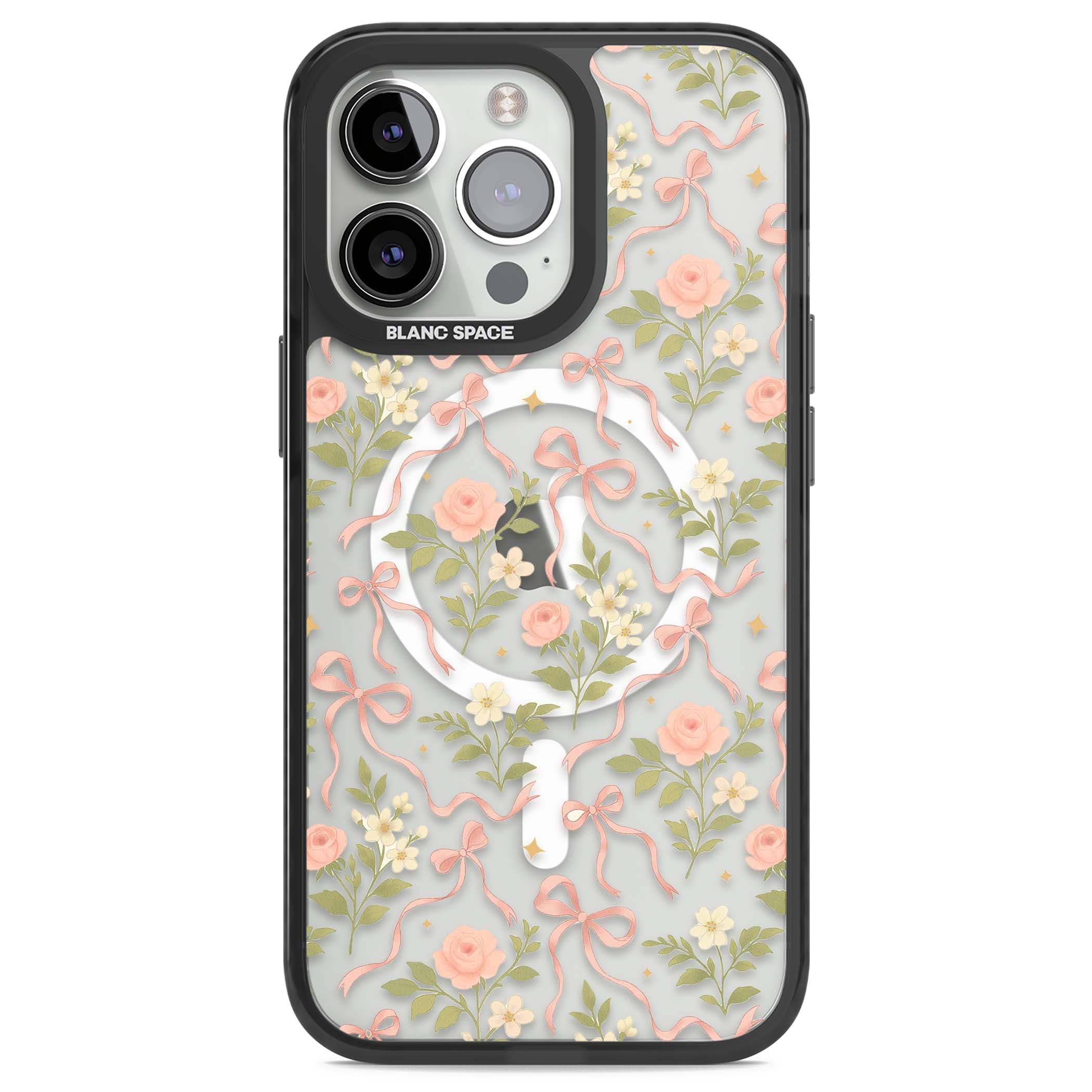 Ribbon Garden coquette iPhone case featuring pink bows, peach roses and wildflowers on white background | Black Impact Magsafe case for iPhone 13 Pro, iPhone 14 Pro, iPhone 15 Pro