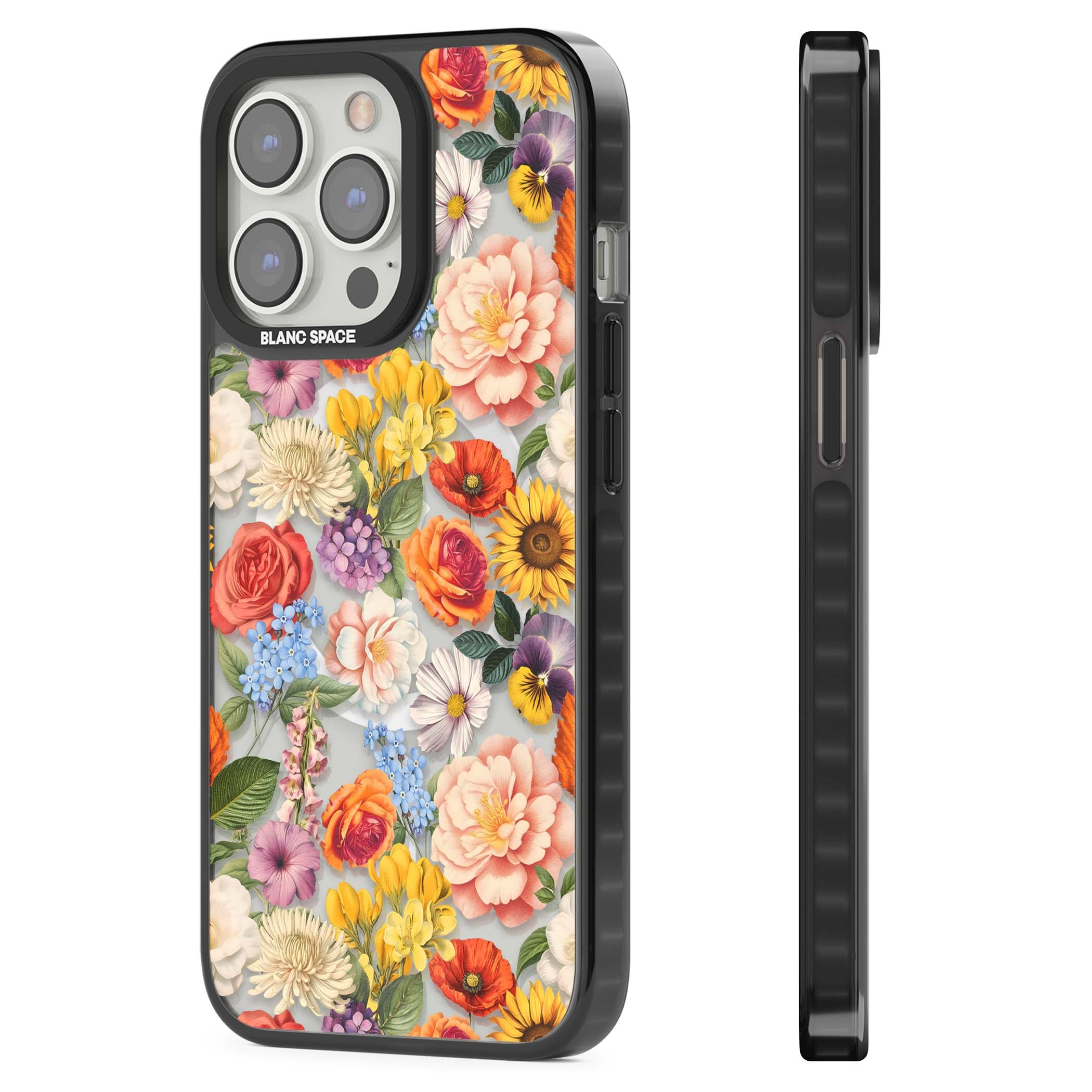 Bloom Basket floral iPhone case featuring cottage garden flowers including peonies, sunflowers, and wildflowers in pastel col | Black Impact Magsafe case for iPhone 13 Pro, iPhone 14 Pro, iPhone 15 Pro