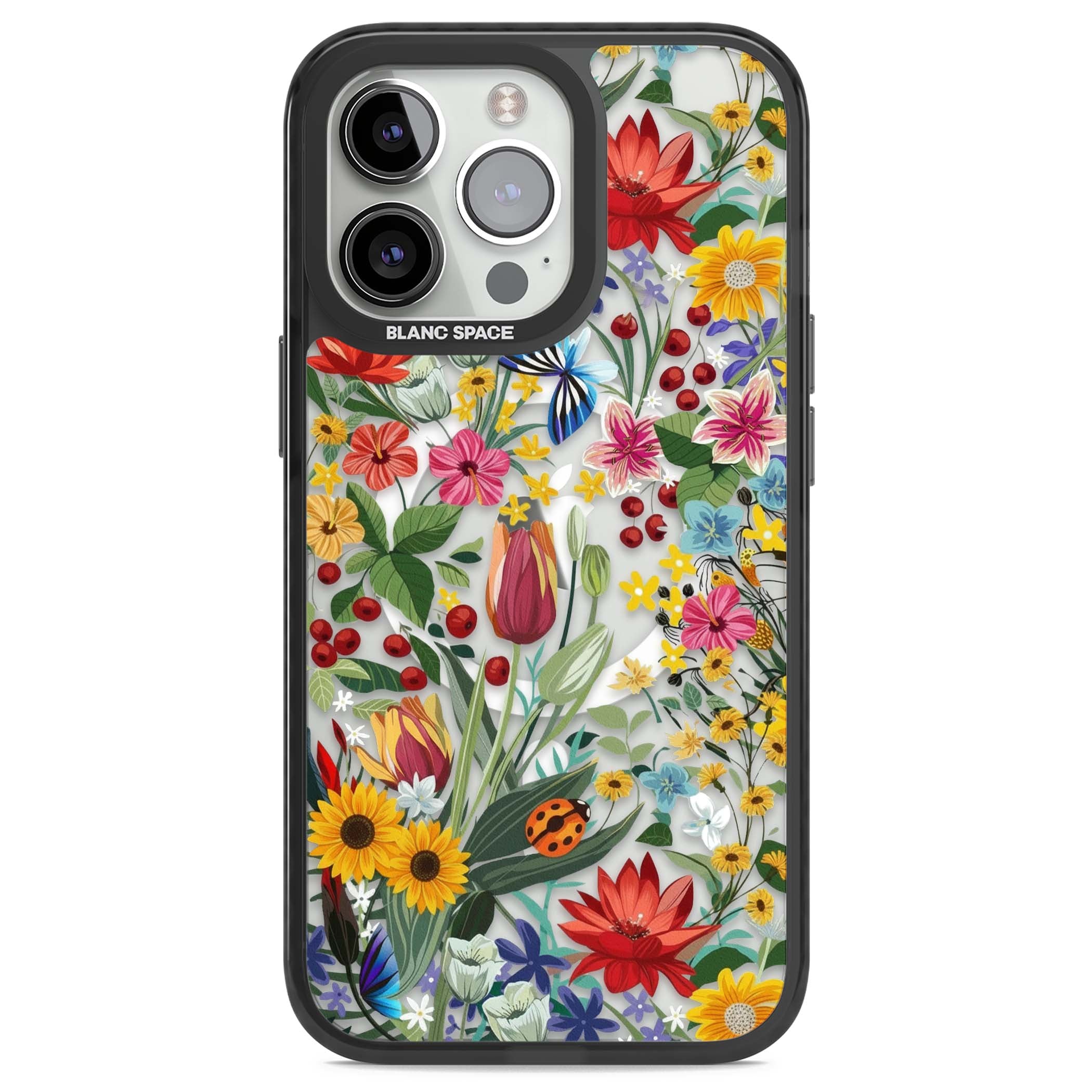 Botanical Bloom cottagecore iPhone case featuring colorful wildflowers, sunflowers, and ladybugs on clear background | Black Impact Magsafe case for iPhone 13 Pro, iPhone 14 Pro, iPhone 15 Pro