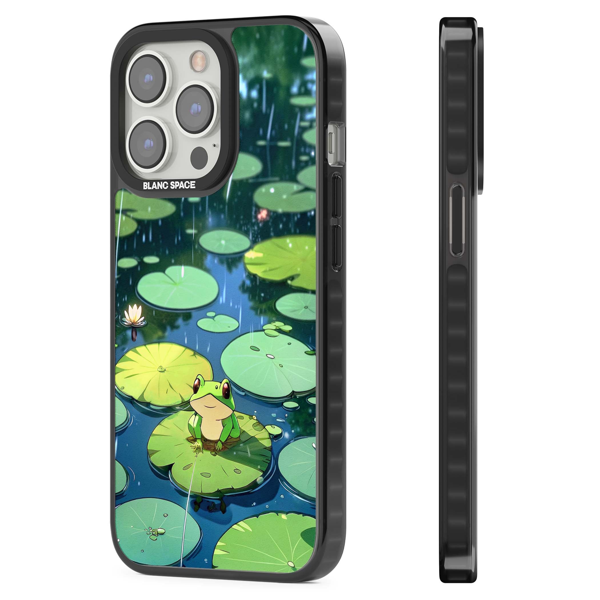 Frog In Lily Pond cottagecore iPhone case featuring a cute green frog on a lily pad with falling rain and a lotus flower | Black Impact Magsafe case for iPhone 13 Pro, iPhone 14 Pro, iPhone 15 Pro