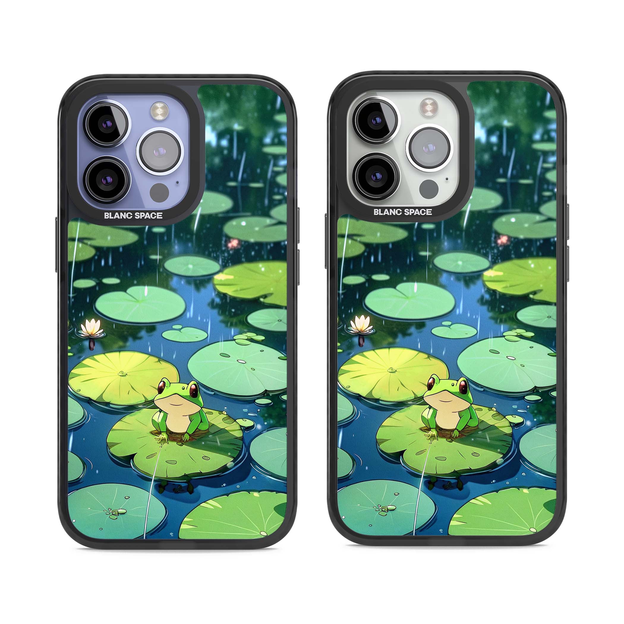 Frog In Lily Pond cottagecore iPhone case featuring a cute green frog on a lily pad with falling rain and a lotus flower | Black Impact Magsafe case for iPhone 13 Pro, iPhone 14 Pro, iPhone 15 Pro
