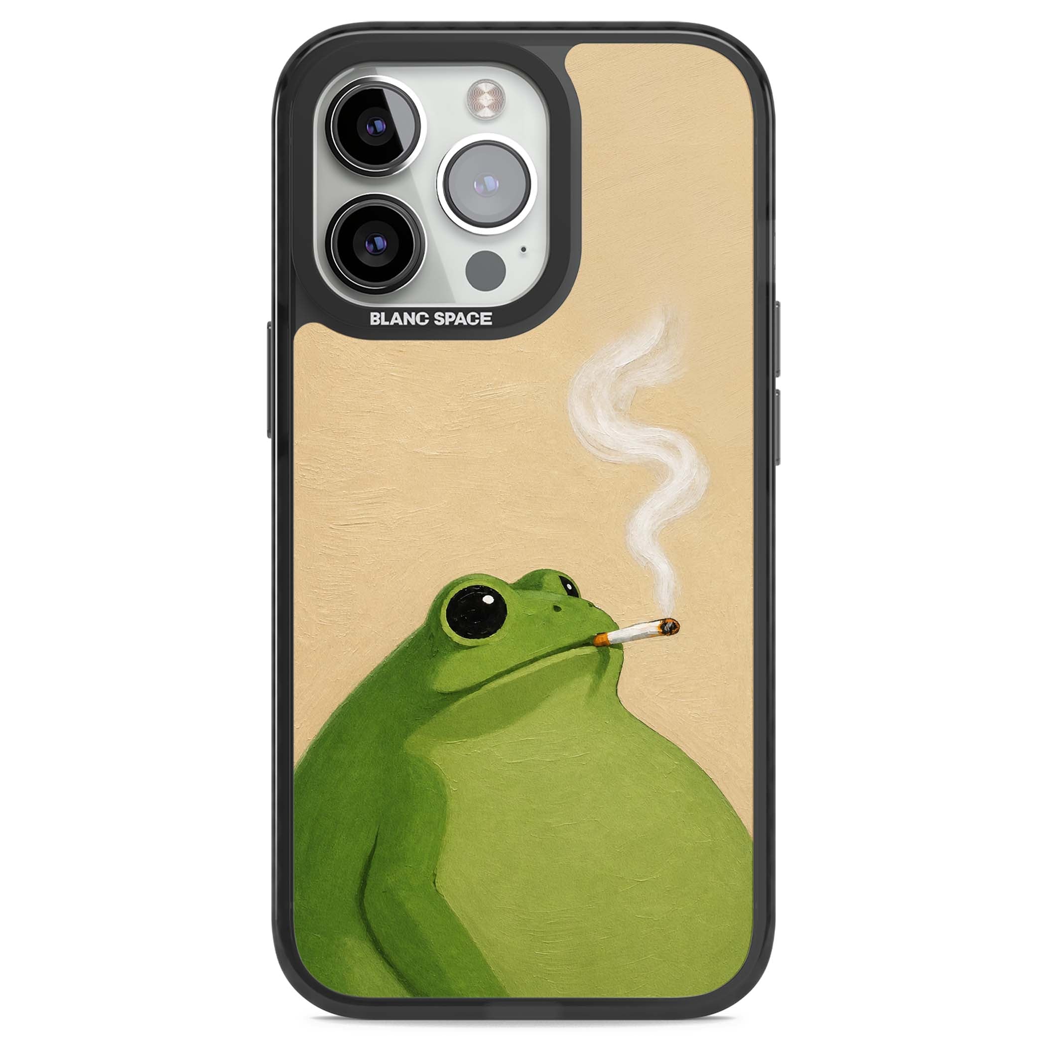 The Smoking Frog cottagecore iPhone case featuring a hand-painted green frog smoking a cigarette on a cream oil painting back | Black Impact Magsafe case for iPhone 13 Pro, iPhone 14 Pro, iPhone 15 Pro