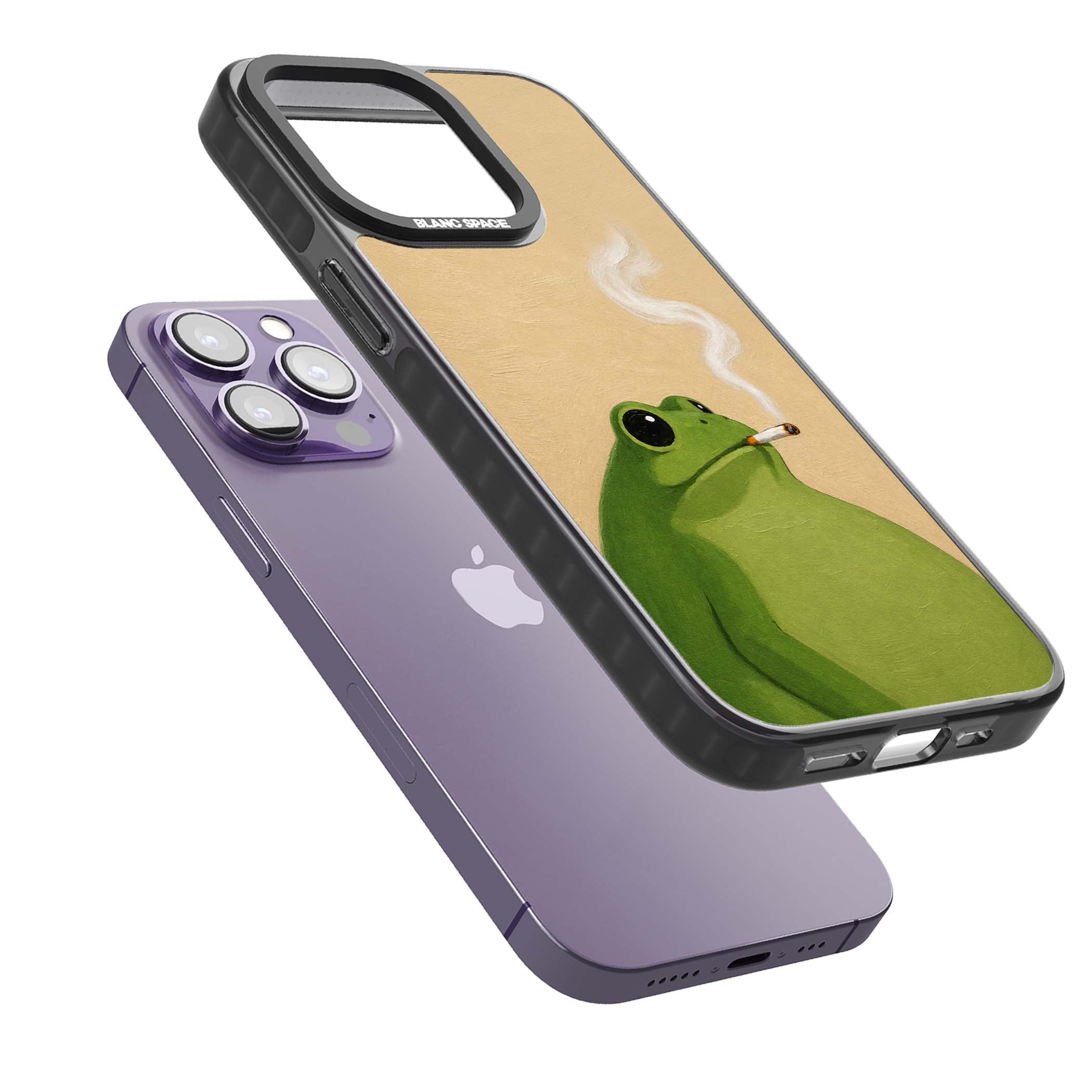 The Smoking Frog cottagecore iPhone case featuring a hand-painted green frog smoking a cigarette on a cream oil painting back | Black Impact Magsafe case for iPhone 13 Pro, iPhone 14 Pro, iPhone 15 Pro