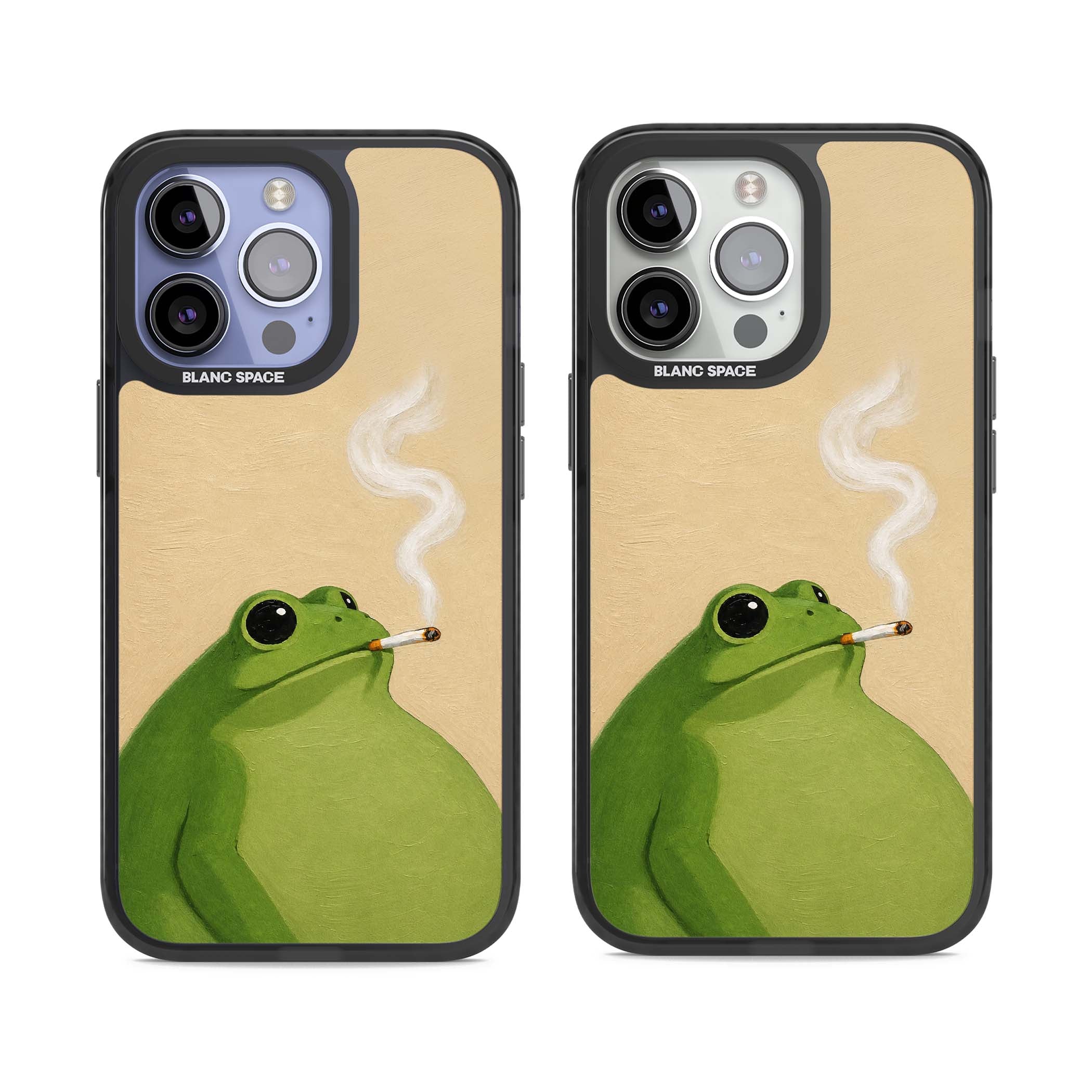 The Smoking Frog cottagecore iPhone case featuring a hand-painted green frog smoking a cigarette on a cream oil painting back | Black Impact Magsafe case for iPhone 13 Pro, iPhone 14 Pro, iPhone 15 Pro