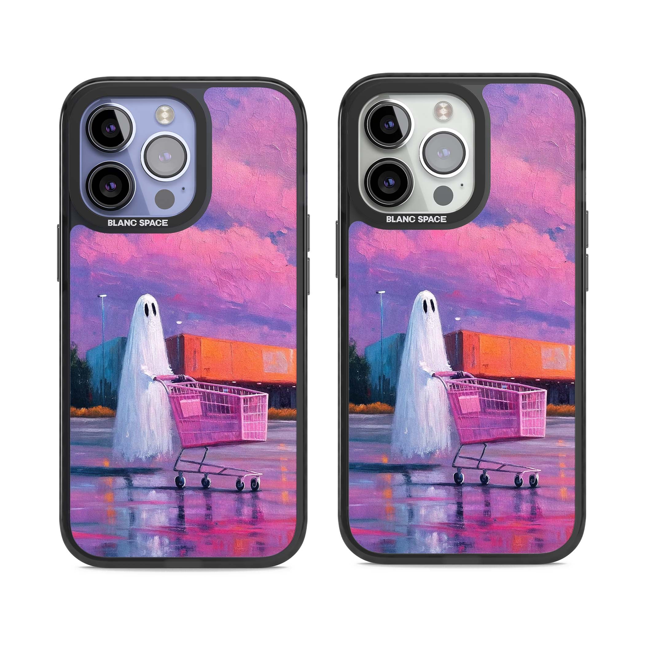 A Ghost's Errand ghost halloween iPhone case featuring a painted ghost, pink shopping trolley and purple sunset sky | Black Impact Magsafe case for iPhone 13 Pro, iPhone 14 Pro, iPhone 15 Pro