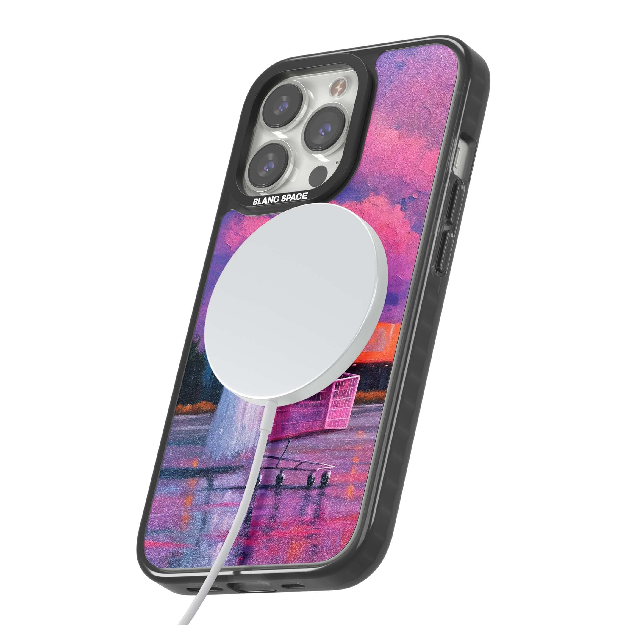 A Ghost's Errand ghost halloween iPhone case featuring a painted ghost, pink shopping trolley and purple sunset sky | Black Impact Magsafe case for iPhone 13 Pro, iPhone 14 Pro, iPhone 15 Pro