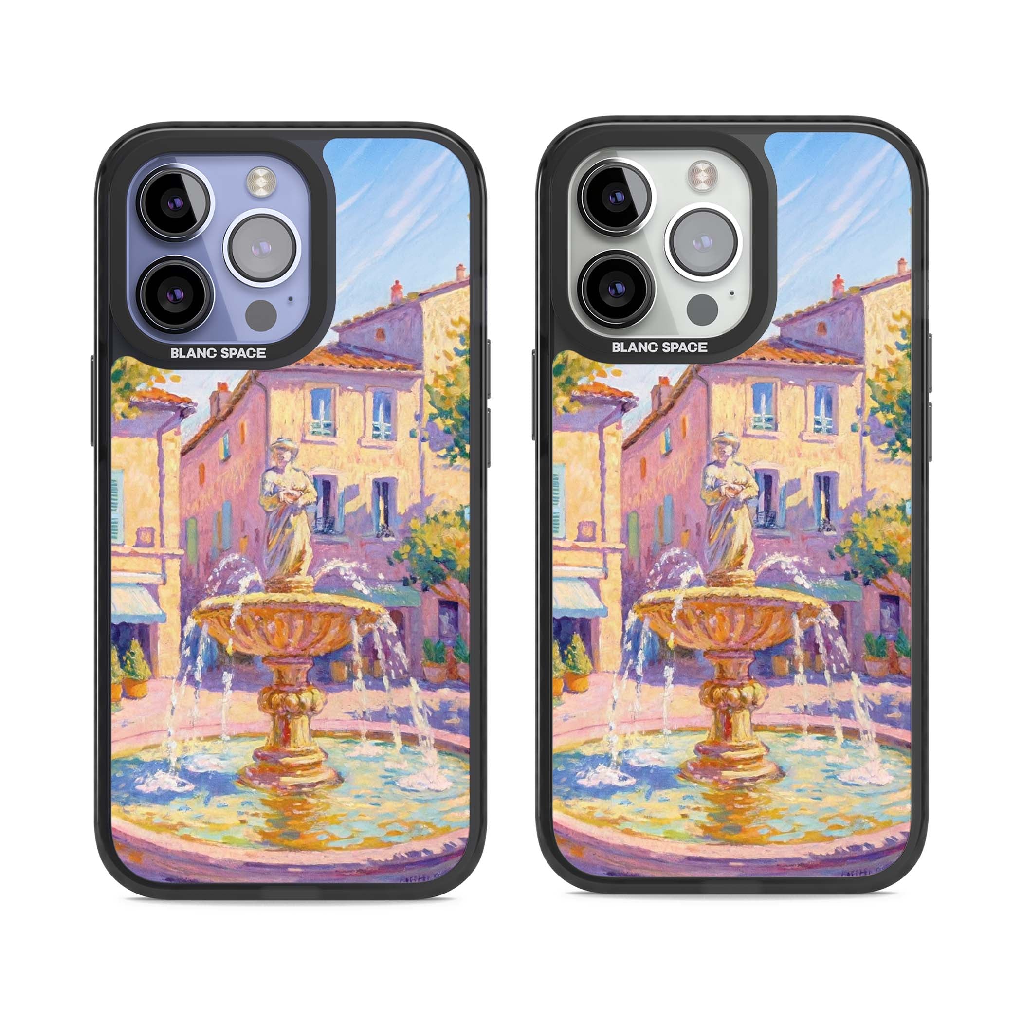 Fountain Square fine art iPhone case featuring an impressionist Provençal fountain, pastel village buildings and summe | Black Impact Magsafe case for iPhone 13 Pro, iPhone 14 Pro, iPhone 15 Pro