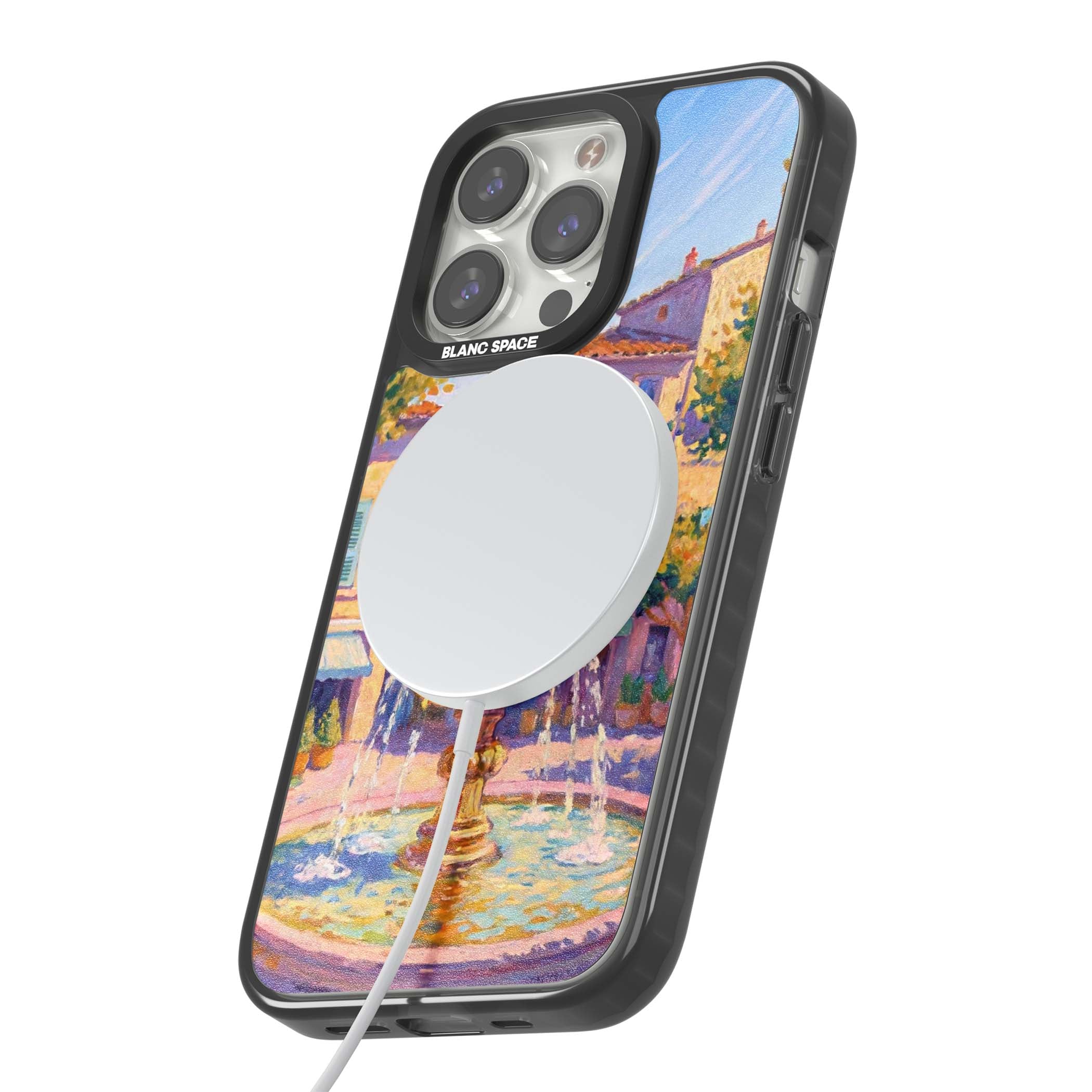 Fountain Square fine art iPhone case featuring an impressionist Provençal fountain, pastel village buildings and summe | Black Impact Magsafe case for iPhone 13 Pro, iPhone 14 Pro, iPhone 15 Pro