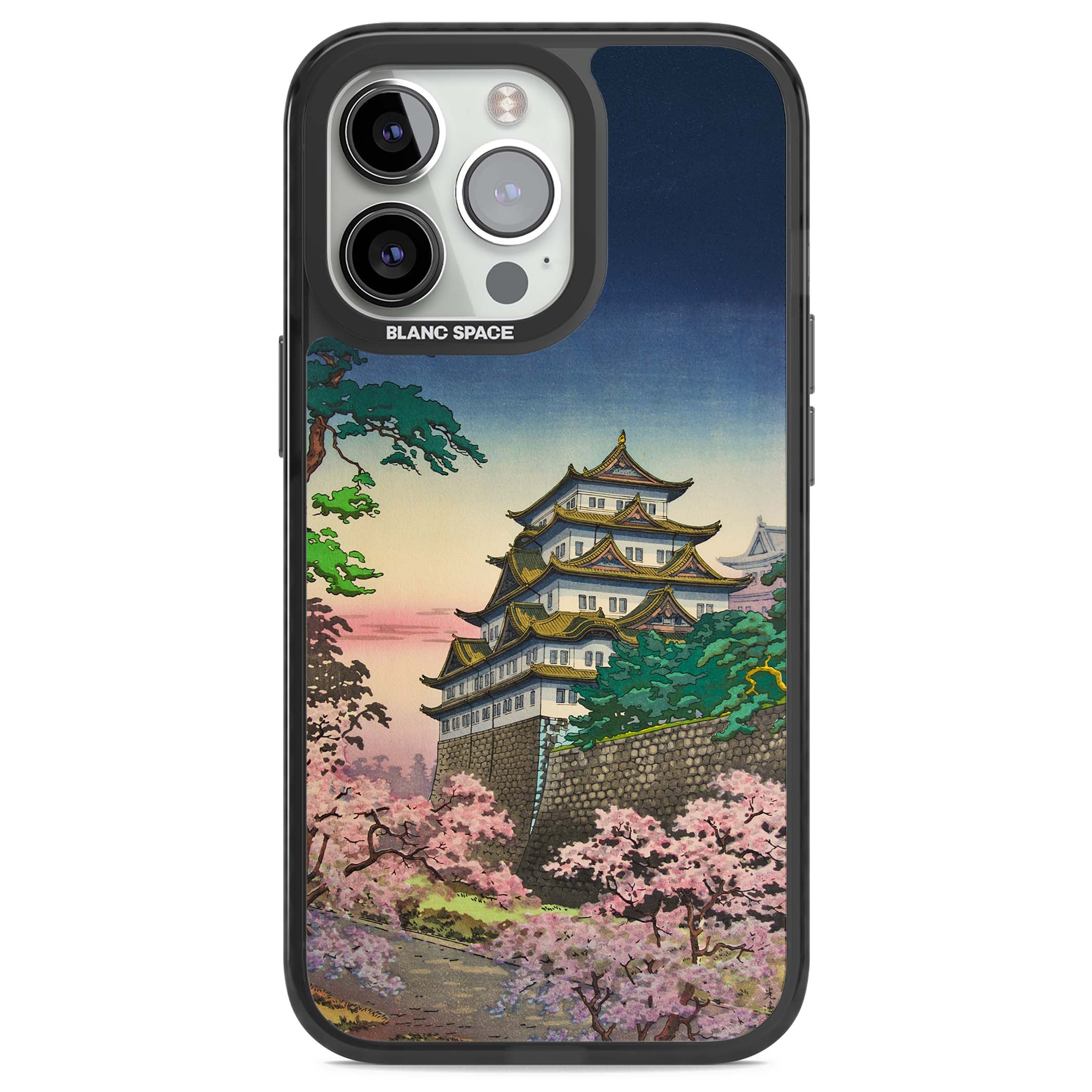 Nagoya Castle Japanese iPhone case featuring a vintage pagoda, twilight sky and cherry blossom trees | Black Impact Magsafe case for iPhone 13 Pro, iPhone 14 Pro, iPhone 15 Pro
