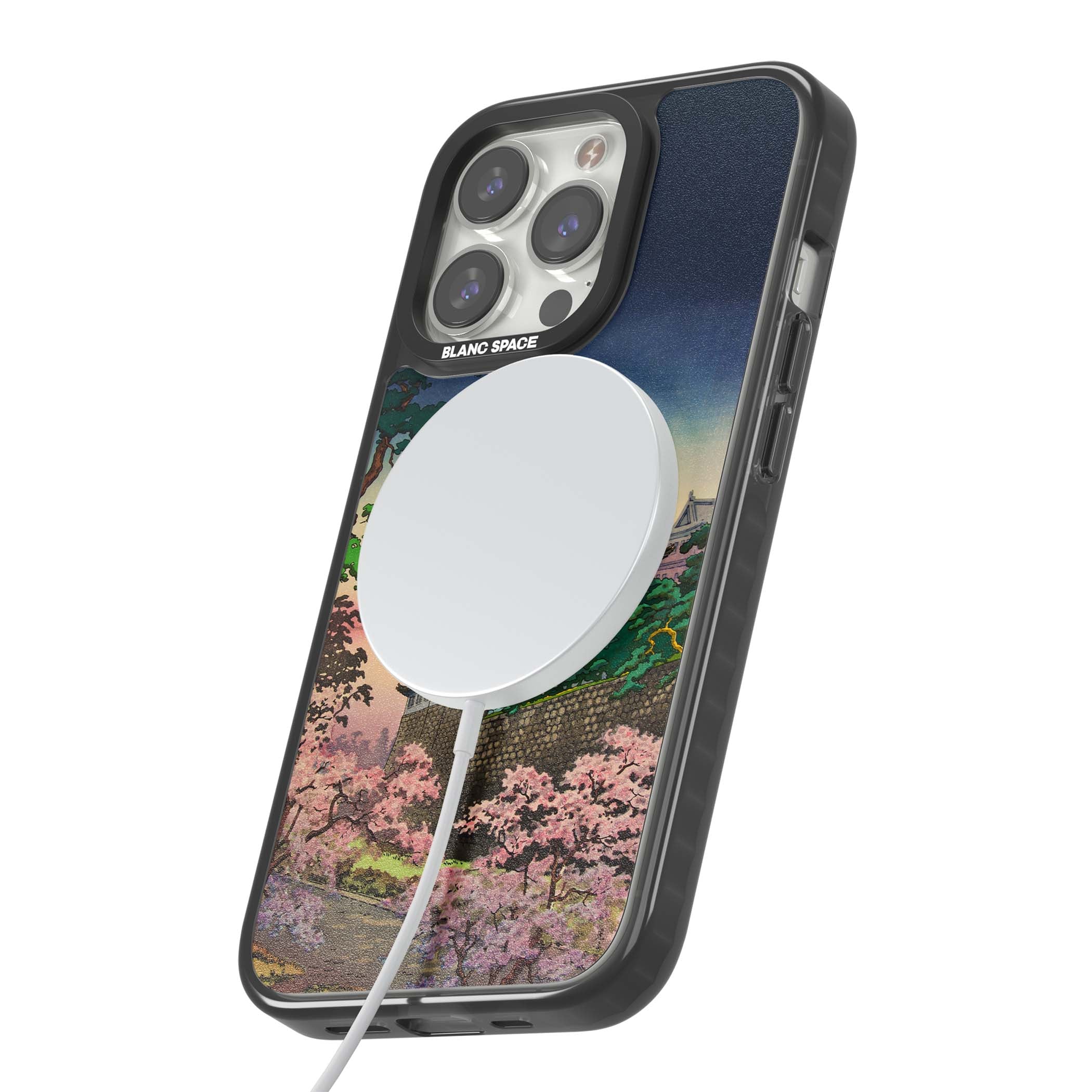 Nagoya Castle Japanese iPhone case featuring a vintage pagoda, twilight sky and cherry blossom trees | Black Impact Magsafe case for iPhone 13 Pro, iPhone 14 Pro, iPhone 15 Pro