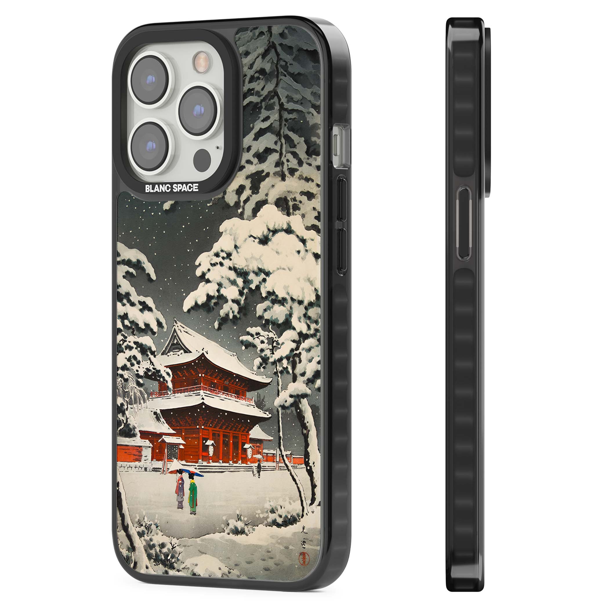 Snow at Shiha Park, Tokyo Japanese art iPhone case featuring a vintage ukiyo-e snowy temple, red pagoda, and snow-covered pin | Black Impact Magsafe case for iPhone 13 Pro, iPhone 14 Pro, iPhone 15 Pro