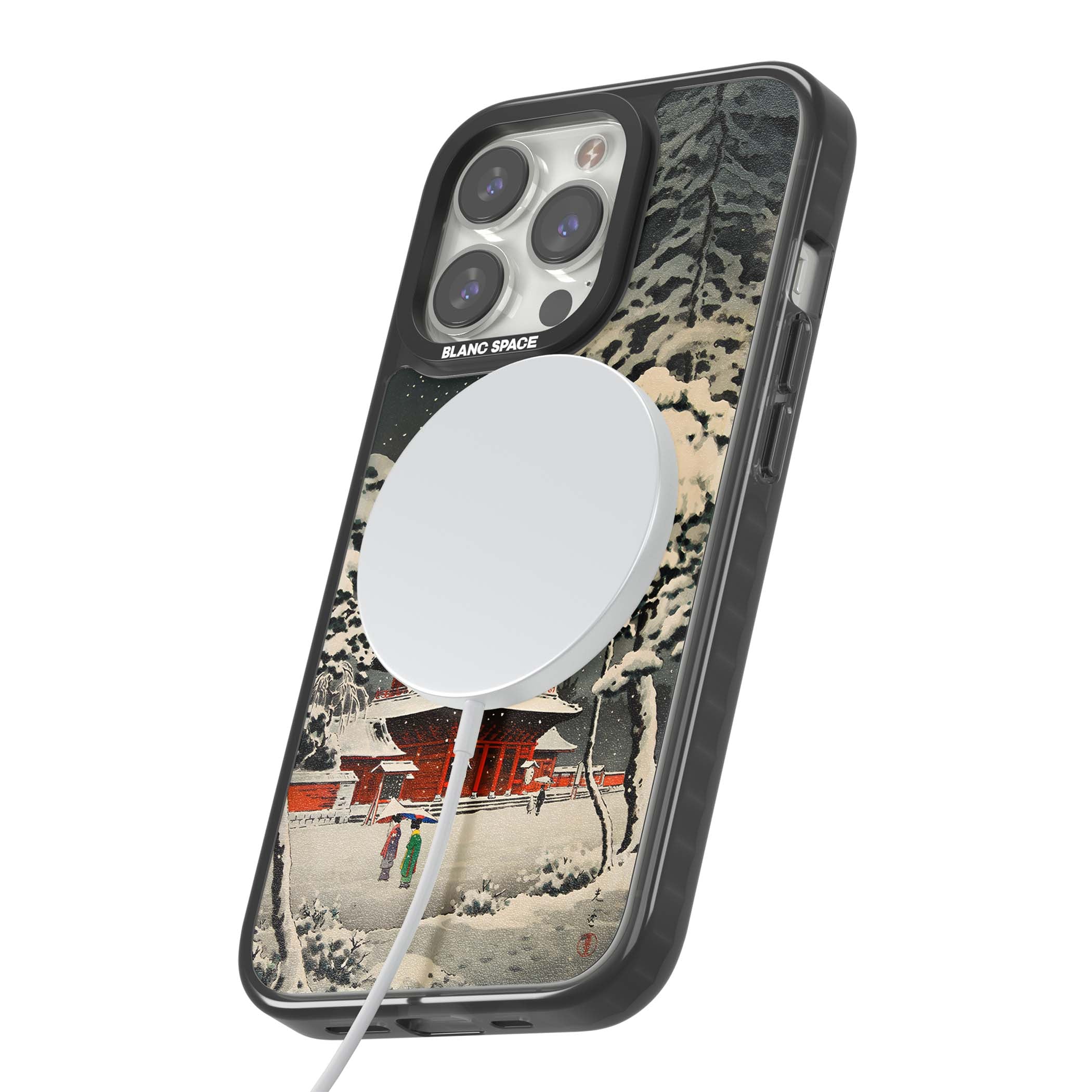 Snow at Shiha Park, Tokyo Japanese art iPhone case featuring a vintage ukiyo-e snowy temple, red pagoda, and snow-covered pin | Black Impact Magsafe case for iPhone 13 Pro, iPhone 14 Pro, iPhone 15 Pro