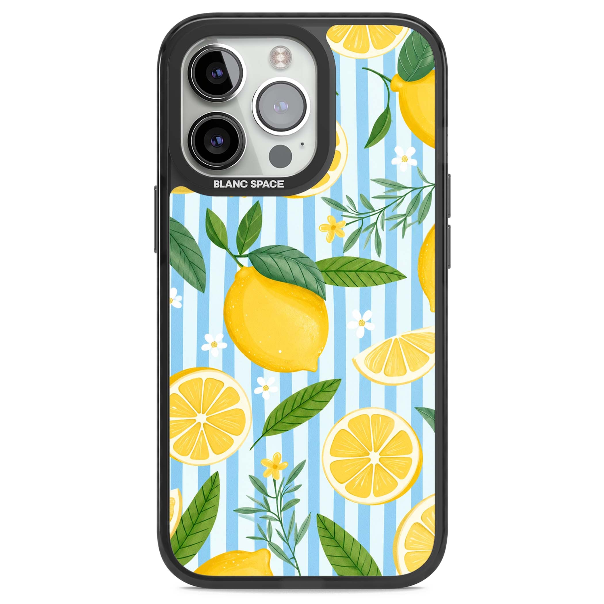 Capri Citrus Stripe coastal iPhone case featuring yellow lemons, blue stripes, and white daisy blossoms | Black Impact Magsafe case for iPhone 13 Pro, iPhone 14 Pro, iPhone 15 Pro