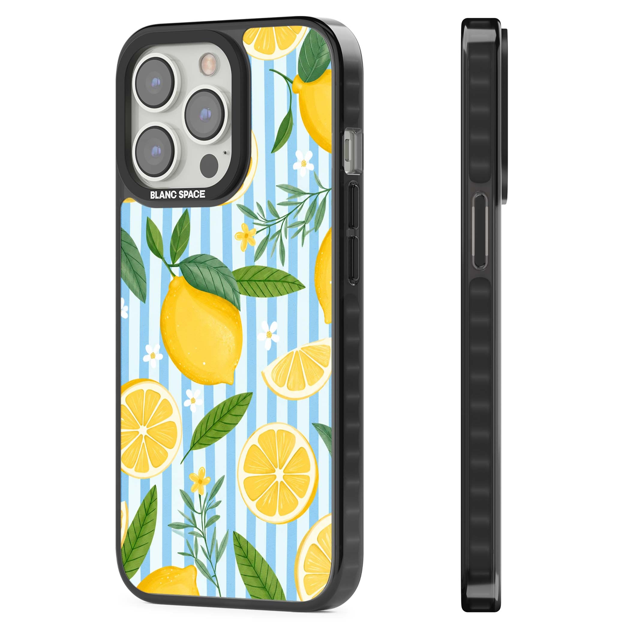 Capri Citrus Stripe coastal iPhone case featuring yellow lemons, blue stripes, and white daisy blossoms | Black Impact Magsafe case for iPhone 13 Pro, iPhone 14 Pro, iPhone 15 Pro