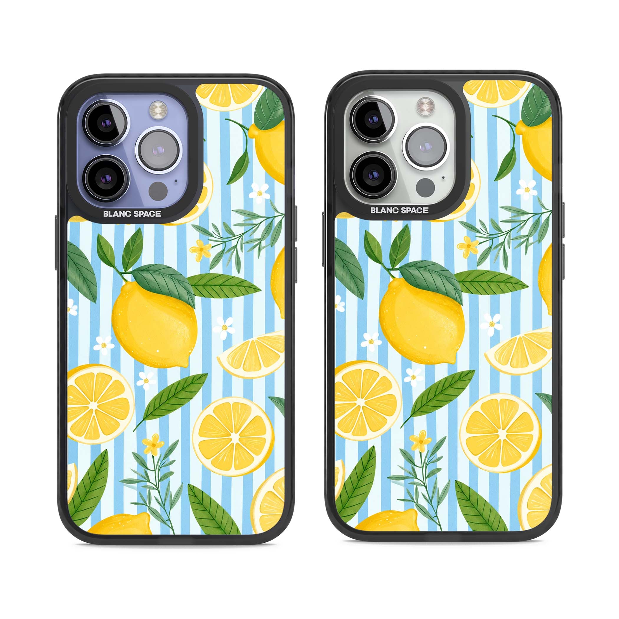 Capri Citrus Stripe coastal iPhone case featuring yellow lemons, blue stripes, and white daisy blossoms | Black Impact Magsafe case for iPhone 13 Pro, iPhone 14 Pro, iPhone 15 Pro