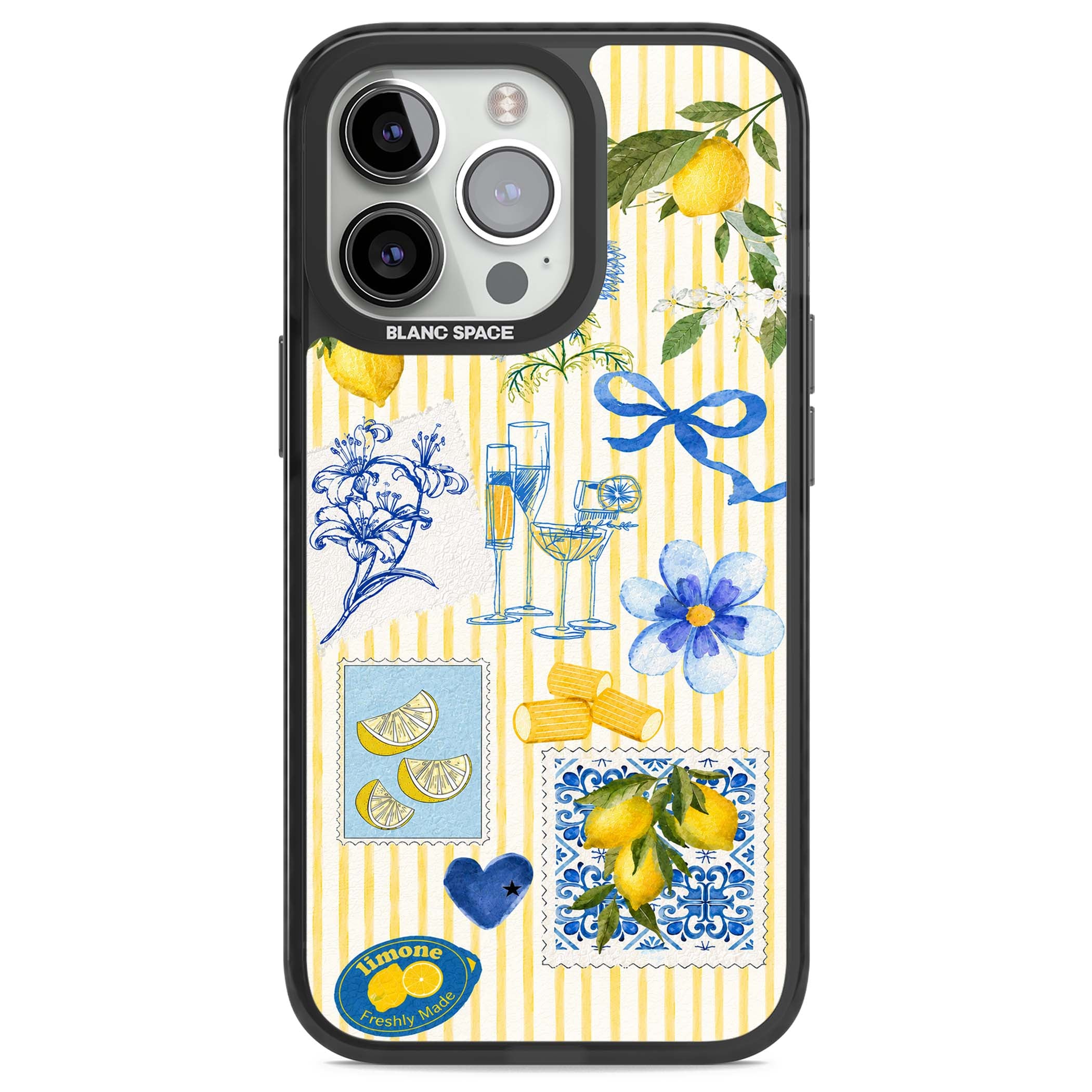 Limone Riviera Italian summer iPhone case featuring watercolour lemons, blue ribbon bows and majolica tile stamps on... | Black Impact Magsafe case for iPhone 13 Pro, iPhone 14 Pro, iPhone 15 Pro