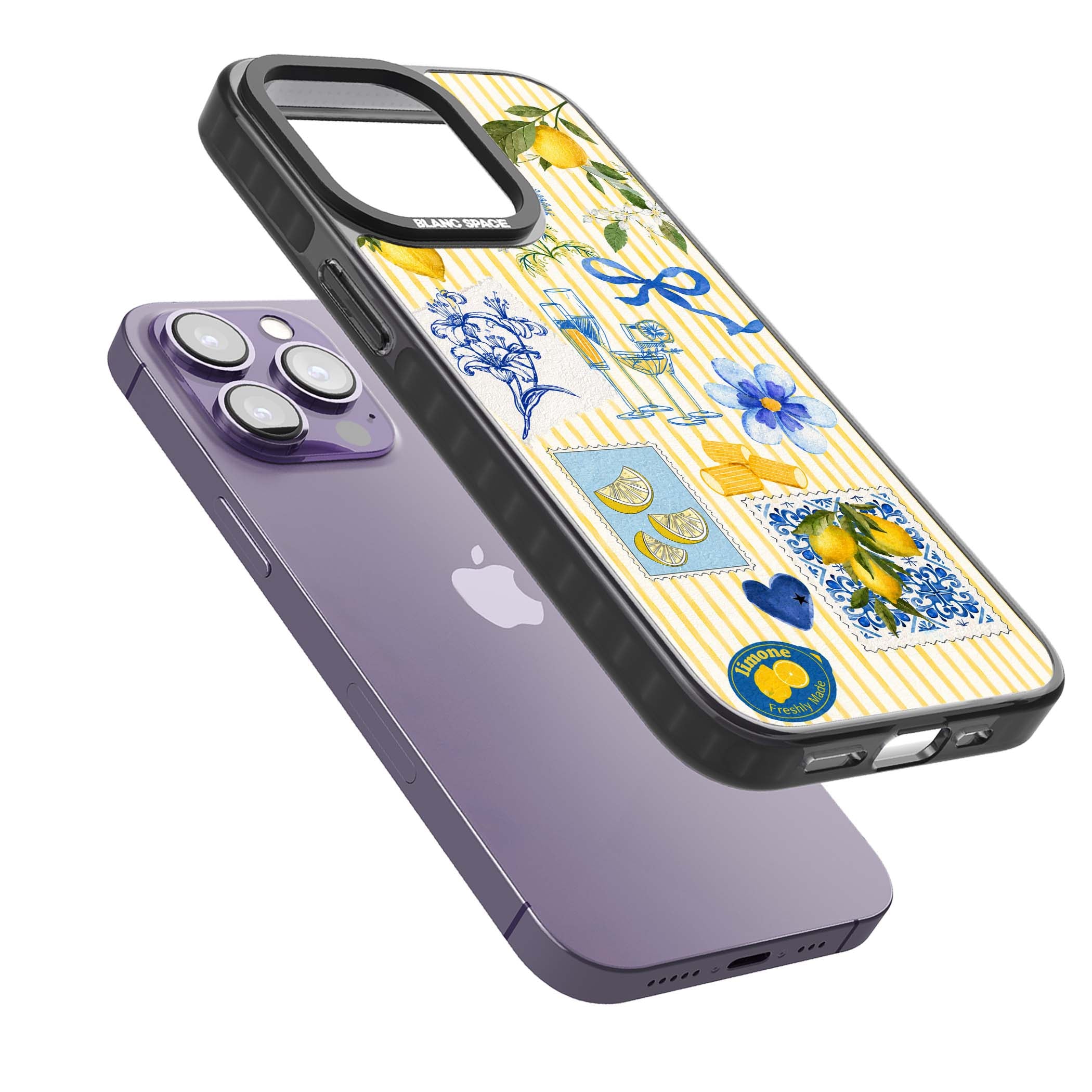 Limone Riviera Italian summer iPhone case featuring watercolour lemons, blue ribbon bows and majolica tile stamps on... | Black Impact Magsafe case for iPhone 13 Pro, iPhone 14 Pro, iPhone 15 Pro