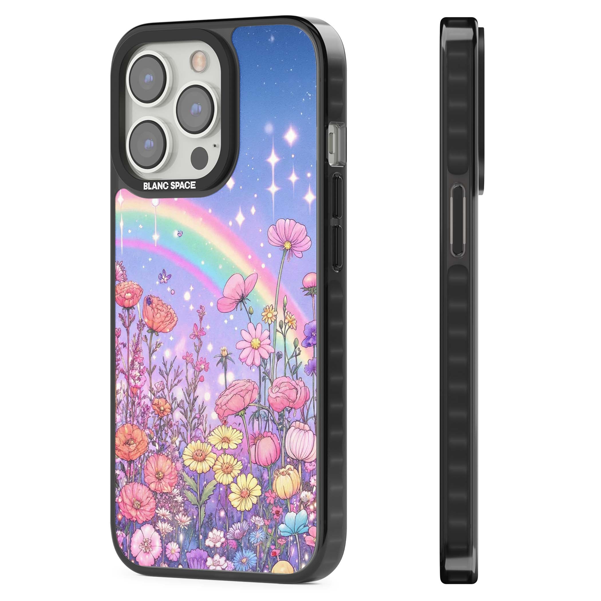 Magical Meadow fairycore iPhone case featuring a pastel rainbow, sparkling stars and a wildflower meadow | Black Impact Magsafe case for iPhone 13 Pro, iPhone 14 Pro, iPhone 15 Pro
