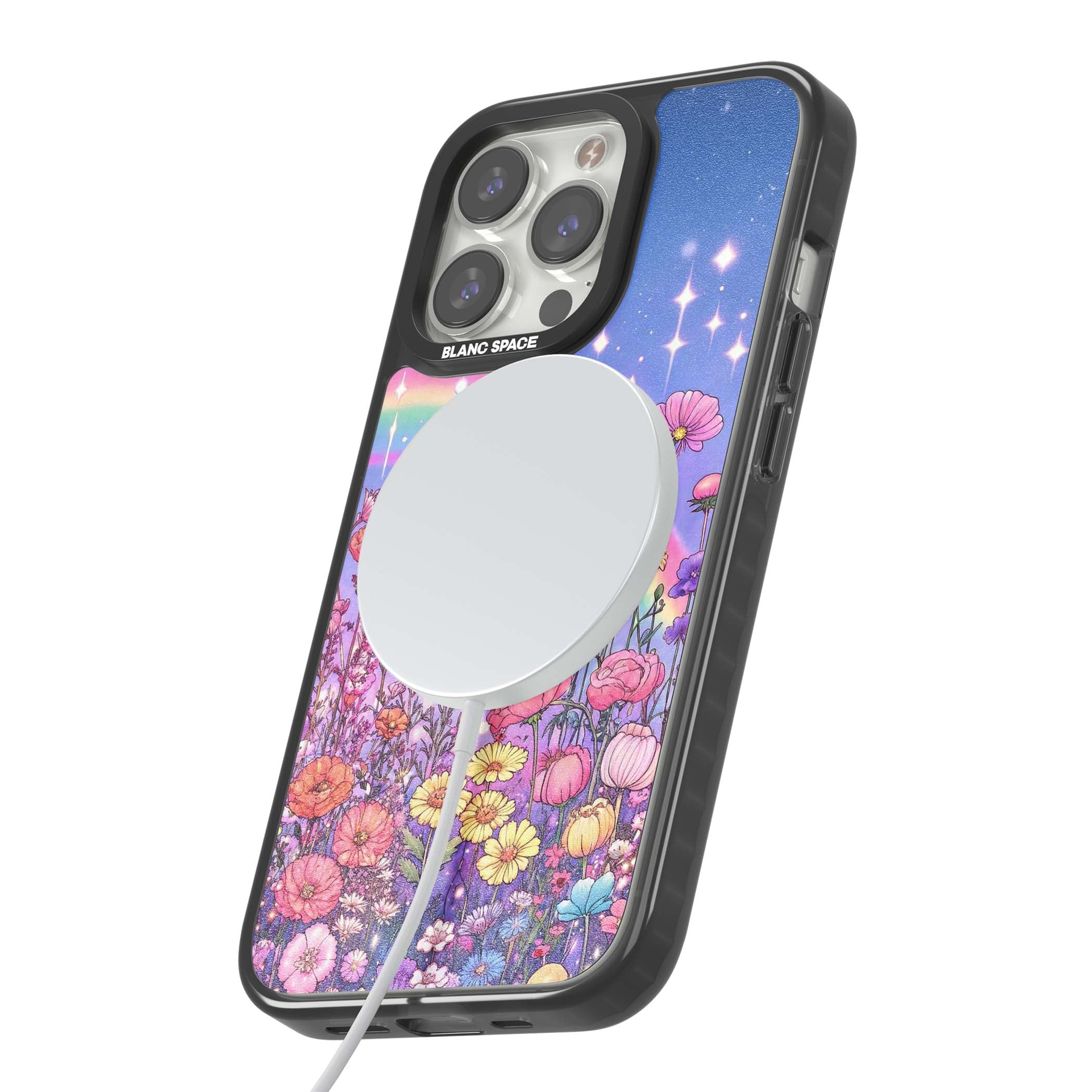 Magical Meadow fairycore iPhone case featuring a pastel rainbow, sparkling stars and a wildflower meadow | Black Impact Magsafe case for iPhone 13 Pro, iPhone 14 Pro, iPhone 15 Pro