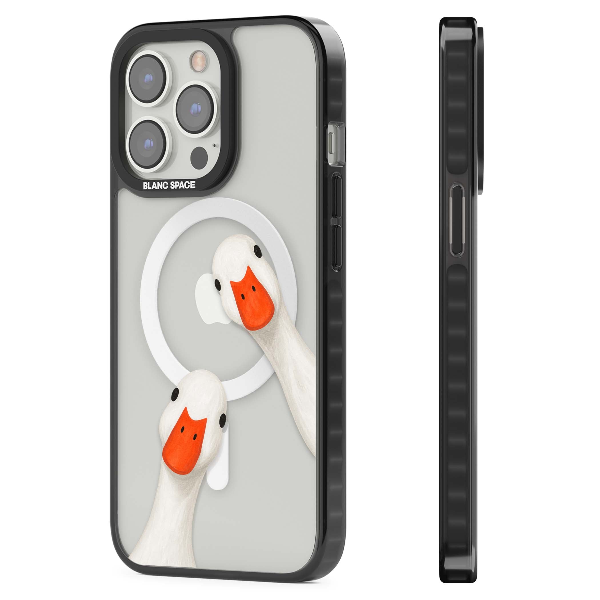 Nosy Ducks cottagecore iPhone case featuring two peeking white ducks with orange beaks on a clear background | Black Impact Magsafe case for iPhone 13 Pro, iPhone 14 Pro, iPhone 15 Pro