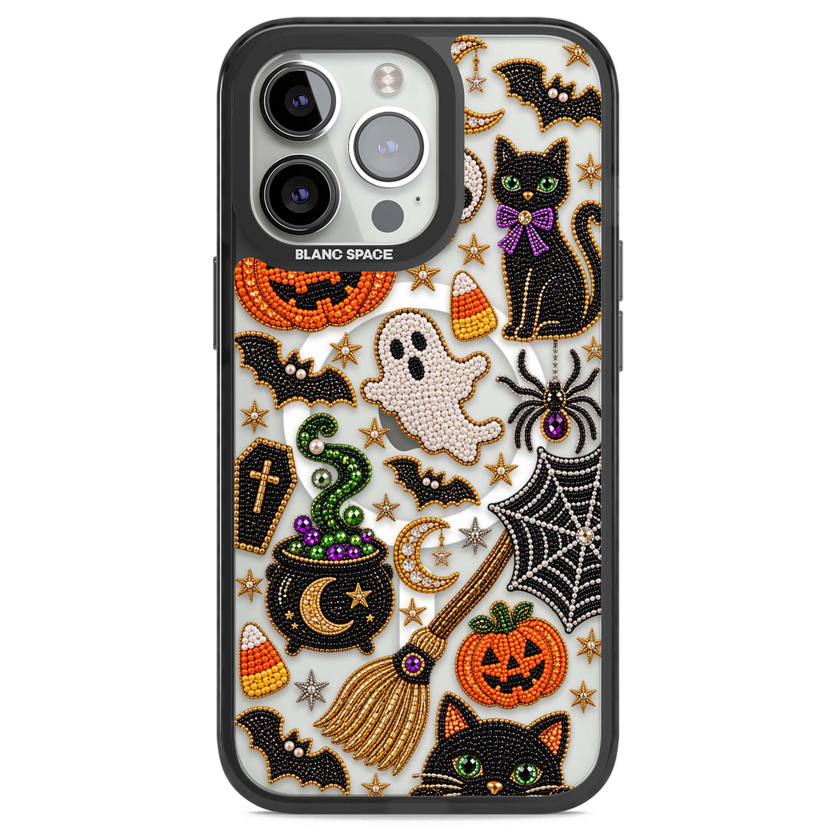 Beaded Halloween Halloween iPhone case featuring beaded pumpkins, ghosts, black cats and bats | Black Impact Magsafe case for iPhone 13 Pro, iPhone 14 Pro, iPhone 15 Pro