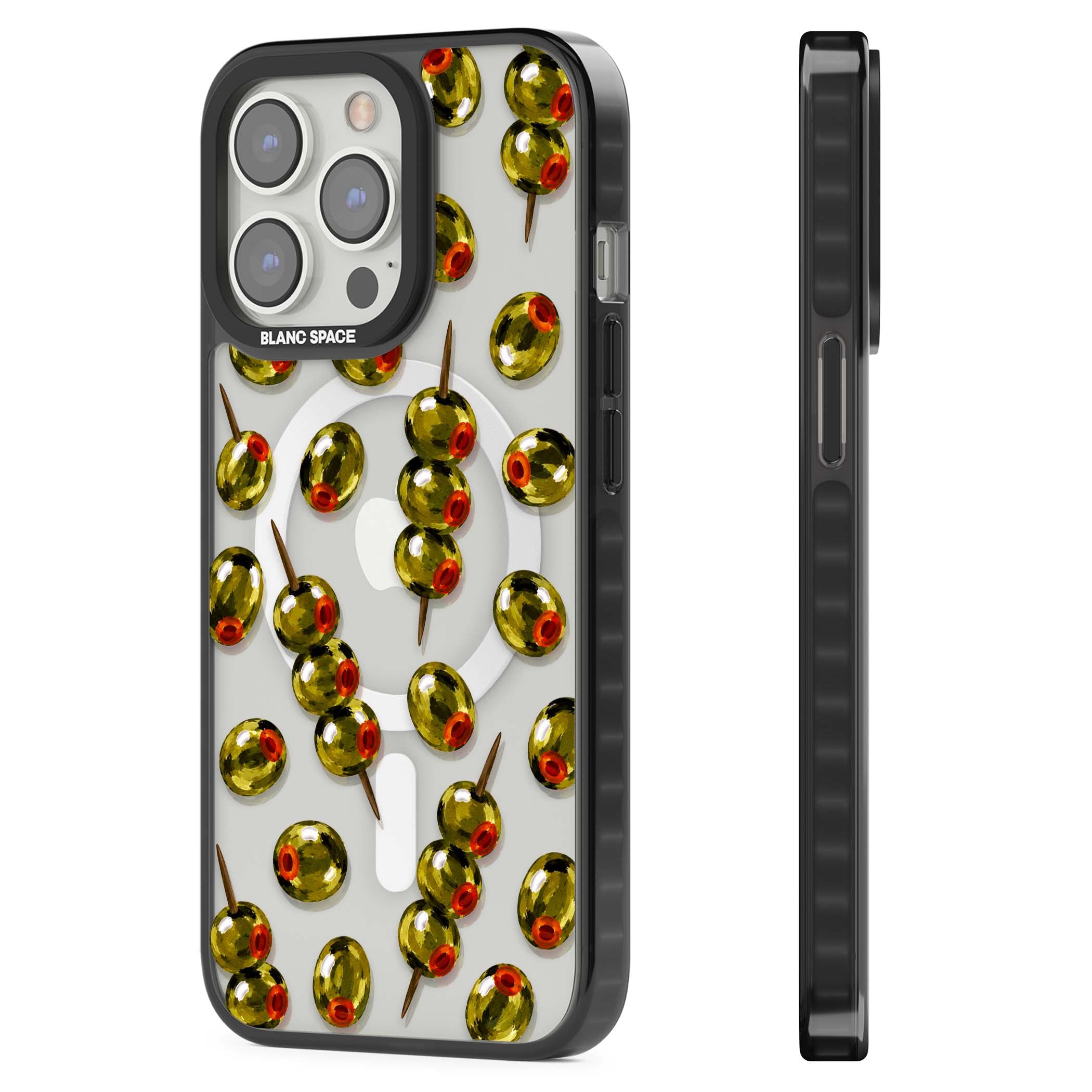 Painted Olives cocktail iPhone case featuring green olives, pimento centres and toothpick skewers on a clear background | Black Impact Magsafe case for iPhone 13 Pro, iPhone 14 Pro, iPhone 15 Pro