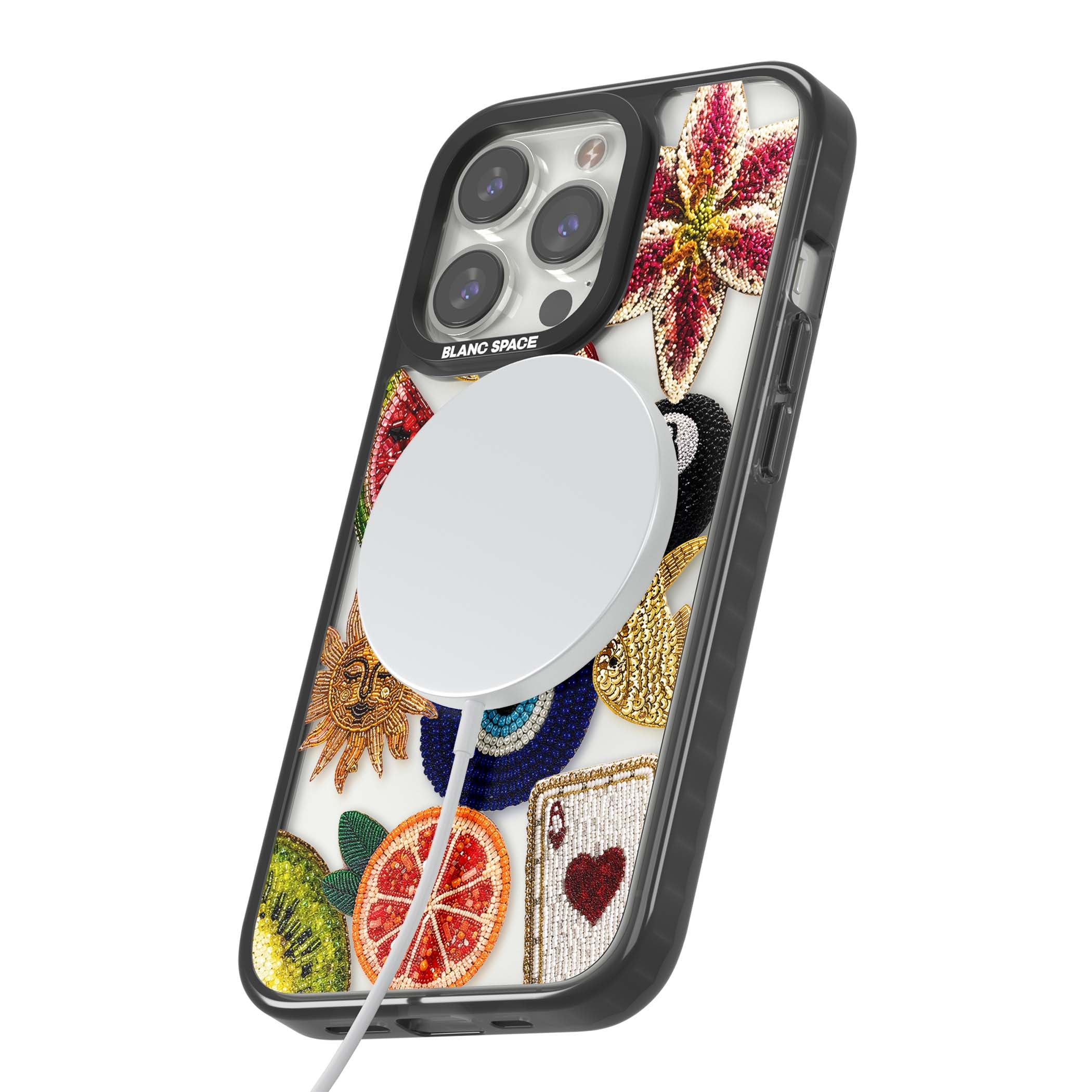 Beaded Charms embroidery iPhone case featuring beaded evil eye, fruit patches and a golden sun motif | Black Impact Magsafe case for iPhone 13 Pro, iPhone 14 Pro, iPhone 15 Pro