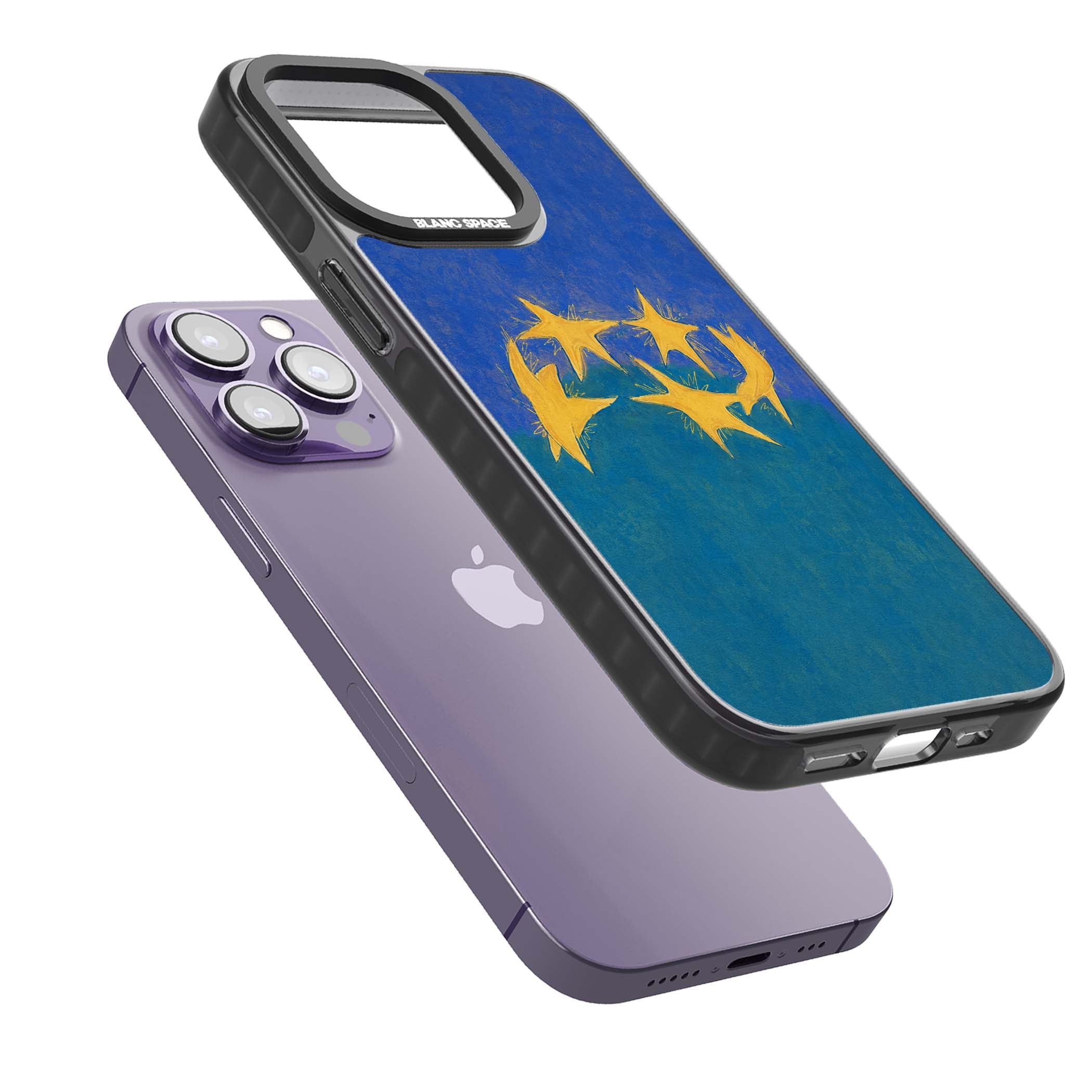 Star Boogie stars aesthetic iPhone case featuring five yellow hand-painted stars on cobalt blue and teal | Black Impact Magsafe case for iPhone 13 Pro, iPhone 14 Pro, iPhone 15 Pro