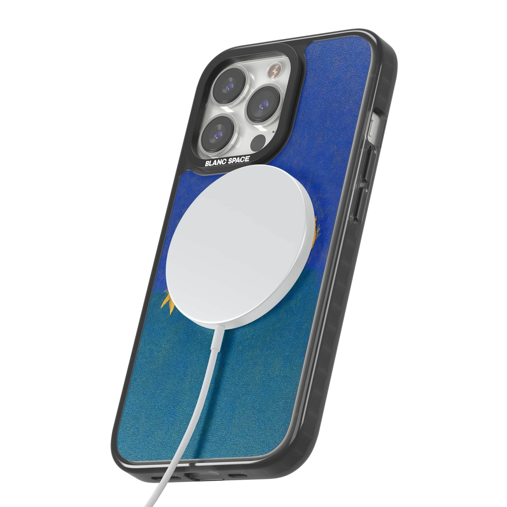 Star Boogie stars aesthetic iPhone case featuring five yellow hand-painted stars on cobalt blue and teal | Black Impact Magsafe case for iPhone 13 Pro, iPhone 14 Pro, iPhone 15 Pro