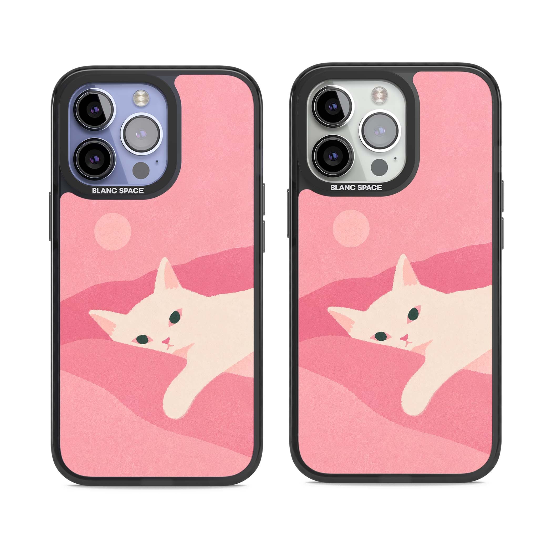 Pink Dreams cute cat iPhone case featuring a white kitten, soft pink hills and a pale pastel sun | Black Impact Magsafe case for iPhone 13 Pro, iPhone 14 Pro, iPhone 15 Pro
