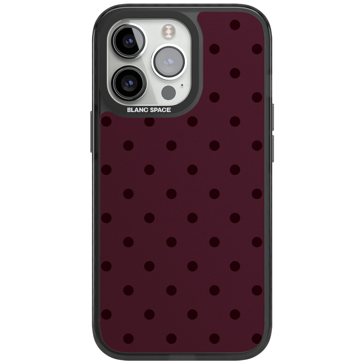 Burgundy Polka Dot minimalist iPhone case featuring black polka dots on a deep burgundy wine red background iPhone 12 Pro Max / iPhone 13 Pro / iPhone 13 Pro Max / iPhone 14 Pro / iPhone 14 Pro Max / iPhone 15 Pro / iPhone 15 Pro Max Impact Pro Black Phone Case front