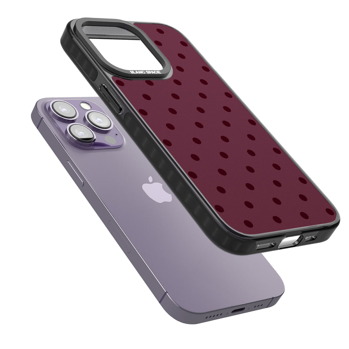 Burgundy Polka Dot minimalist iPhone case featuring black polka dots on a deep burgundy wine red background iPhone 12 Pro Max / iPhone 13 Pro / iPhone 13 Pro Max / iPhone 14 Pro / iPhone 14 Pro Max / iPhone 15 Pro / iPhone 15 Pro Max Impact Pro Black Phone Case angled