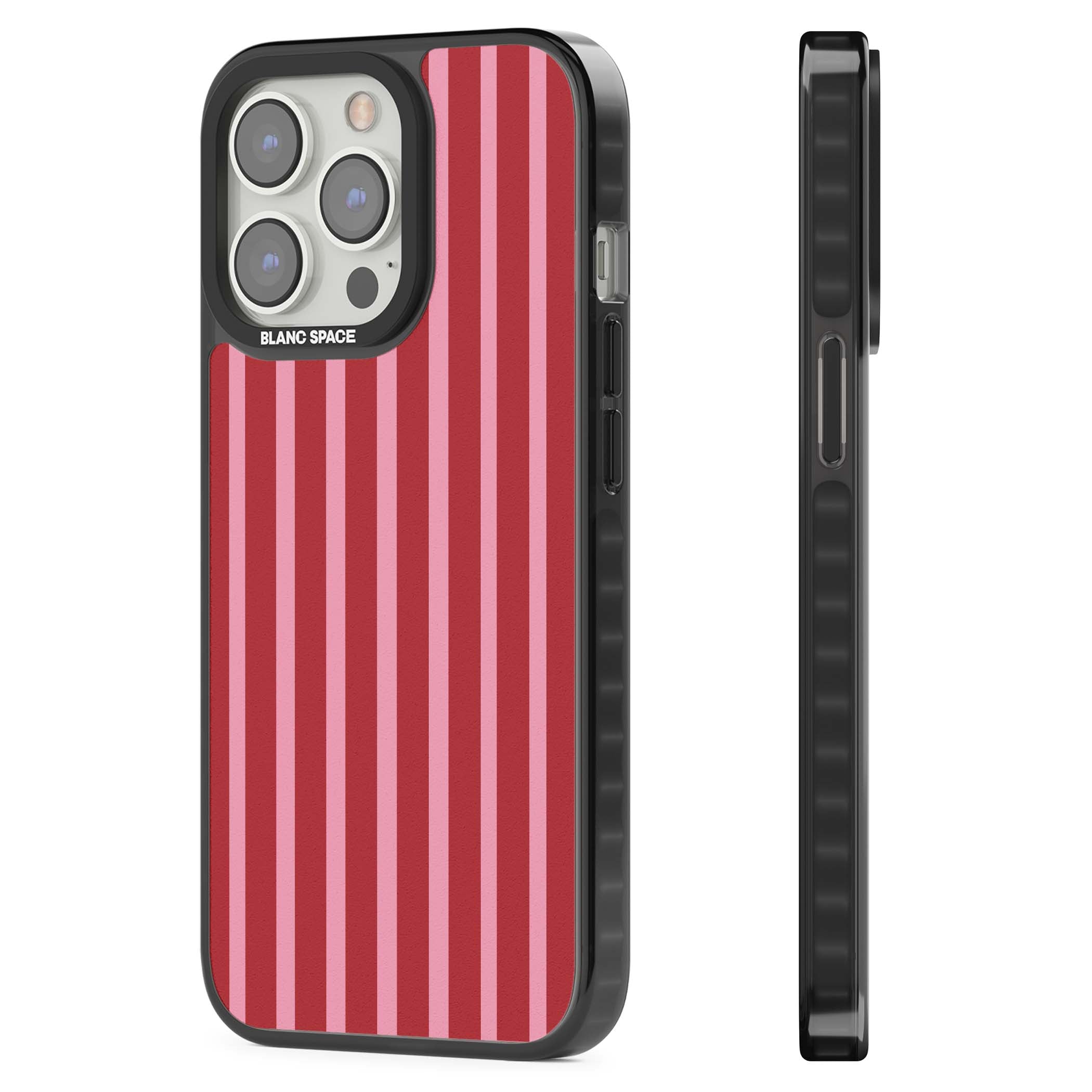 Raspberry Stripe coquette iPhone case featuring red and pink vertical stripes in a candy-inspired pattern | Black Impact Magsafe case for iPhone 13 Pro, iPhone 14 Pro, iPhone 15 Pro