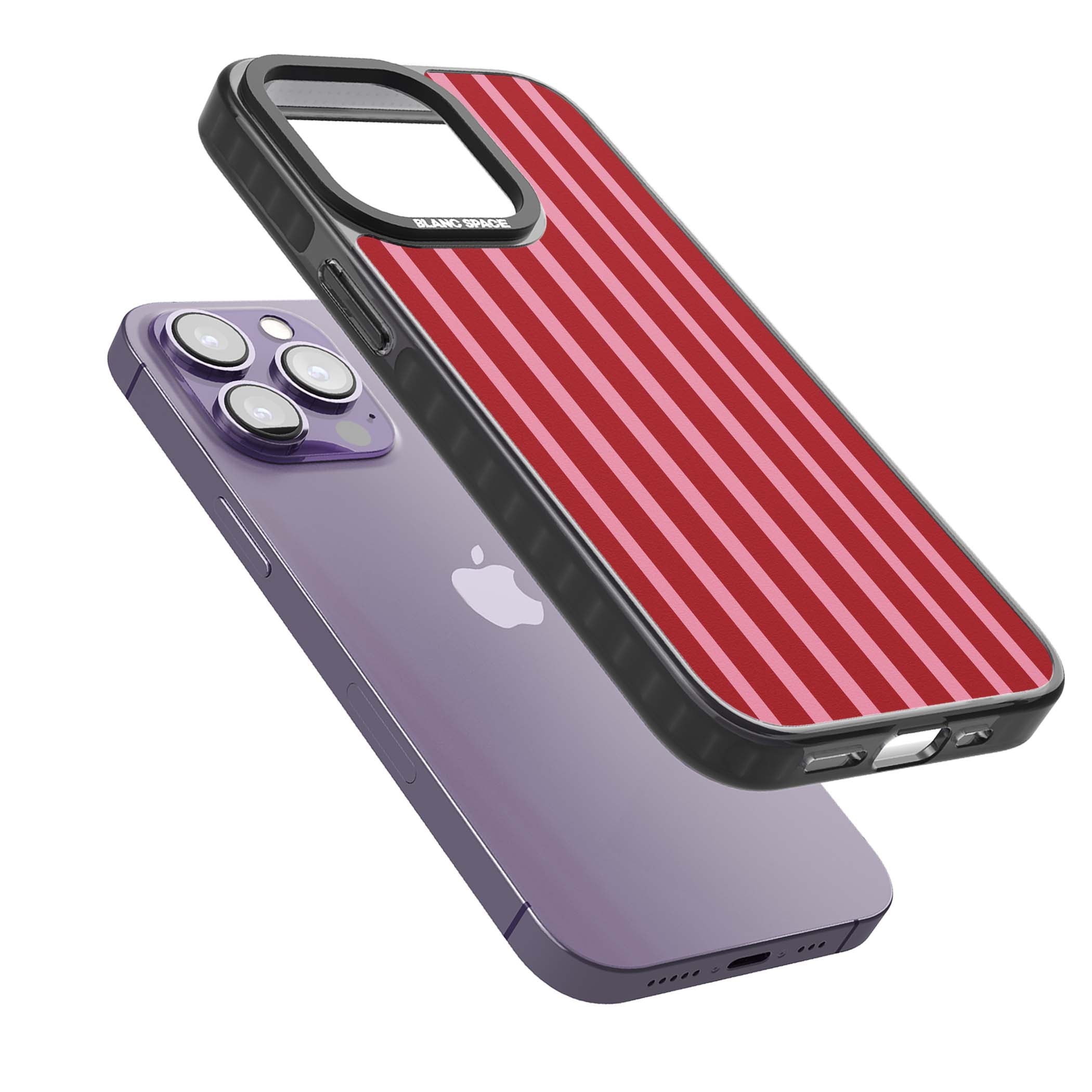 Raspberry Stripe coquette iPhone case featuring red and pink vertical stripes in a candy-inspired pattern | Black Impact Magsafe case for iPhone 13 Pro, iPhone 14 Pro, iPhone 15 Pro