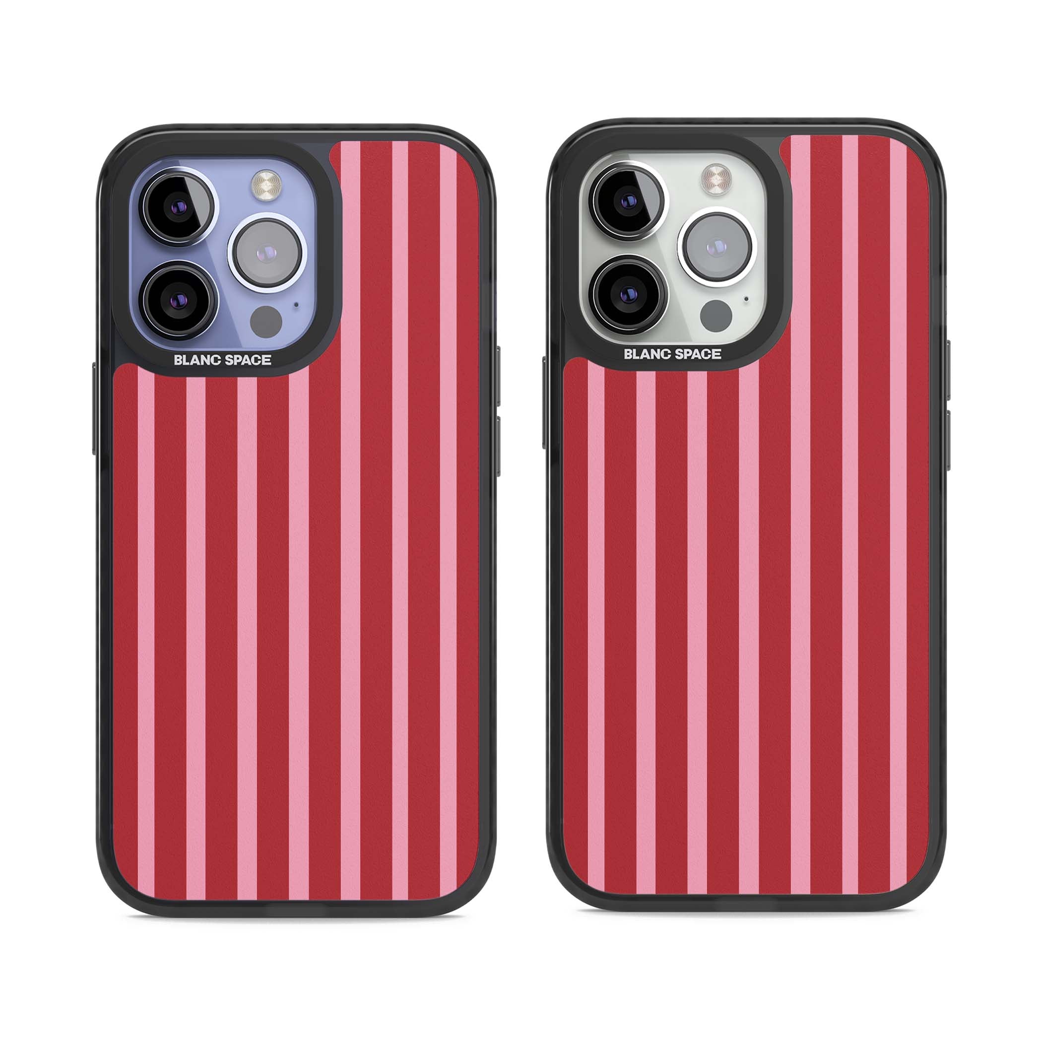 Raspberry Stripe coquette iPhone case featuring red and pink vertical stripes in a candy-inspired pattern | Black Impact Magsafe case for iPhone 13 Pro, iPhone 14 Pro, iPhone 15 Pro