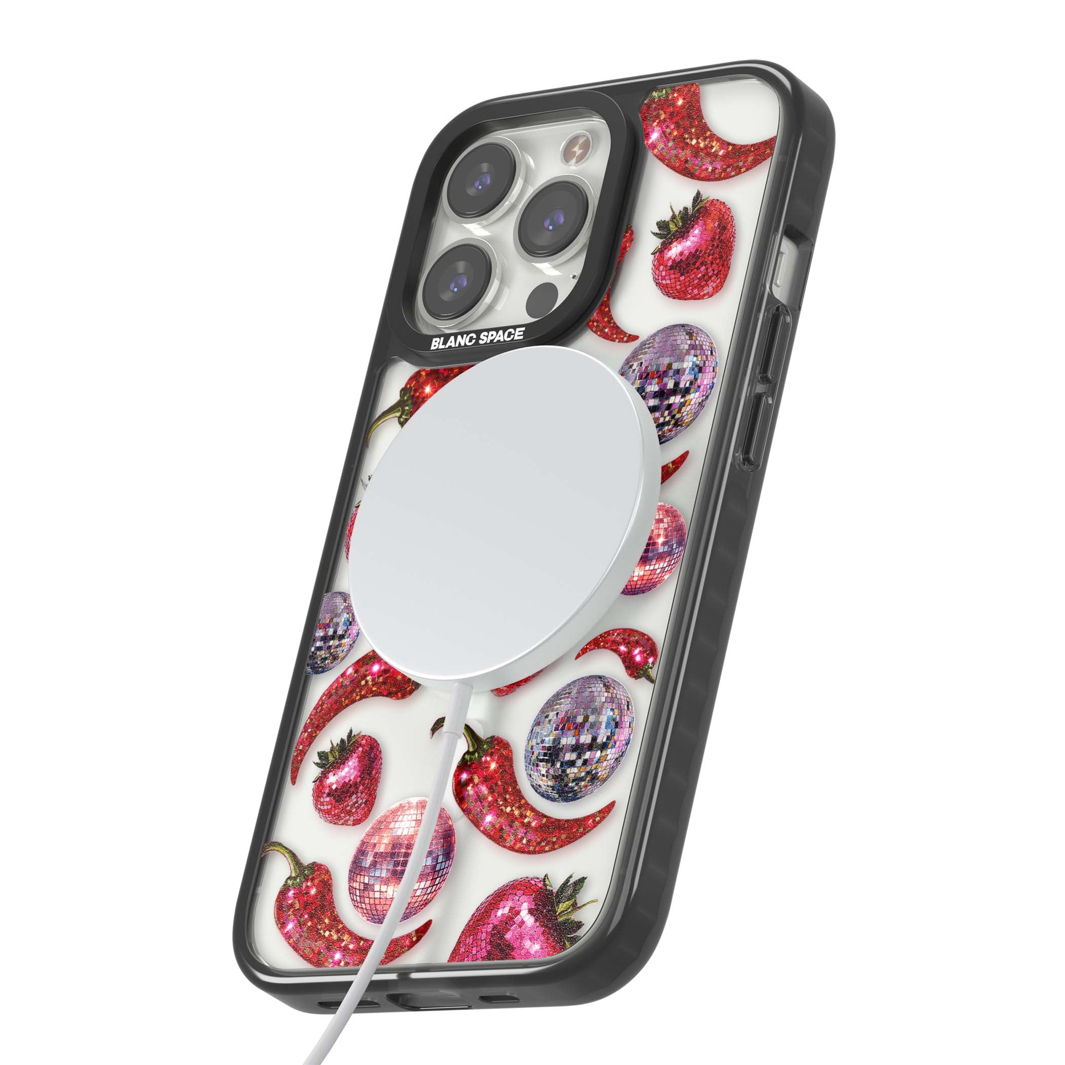 Spicy Disco Y2K iPhone case featuring glitter disco balls, sparkly strawberries and red chilli peppers | Black Impact Magsafe case for iPhone 13 Pro, iPhone 14 Pro, iPhone 15 Pro