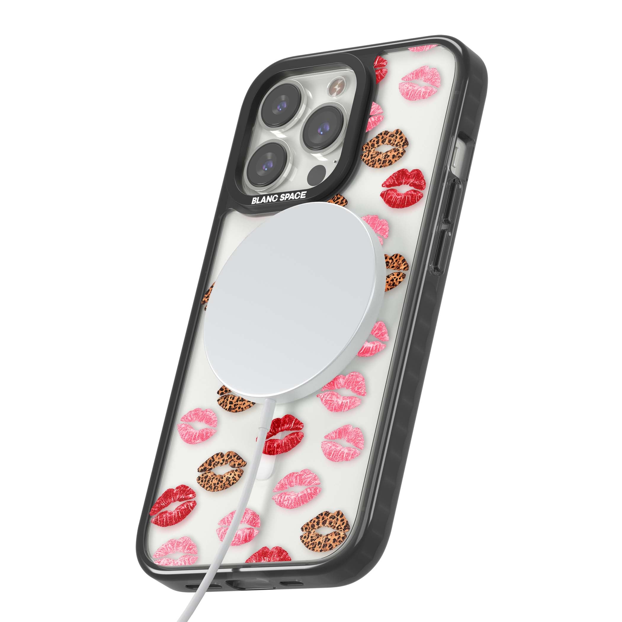 Wild Kisses coquette iPhone case featuring red, pink and leopard print lipstick kiss marks on a clear background | Black Impact Magsafe case for iPhone 13 Pro, iPhone 14 Pro, iPhone 15 Pro