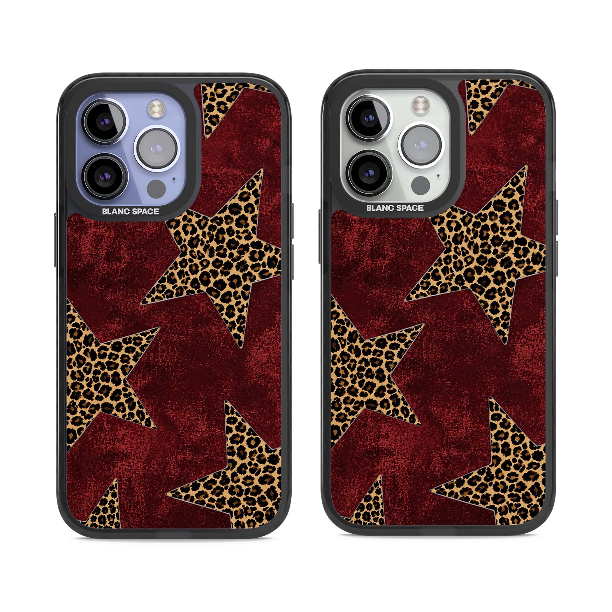 Showgirl leopard print iPhone case featuring cheetah print stars on distressed red grunge background | Black Impact Magsafe case for iPhone 13 Pro, iPhone 14 Pro, iPhone 15 Pro