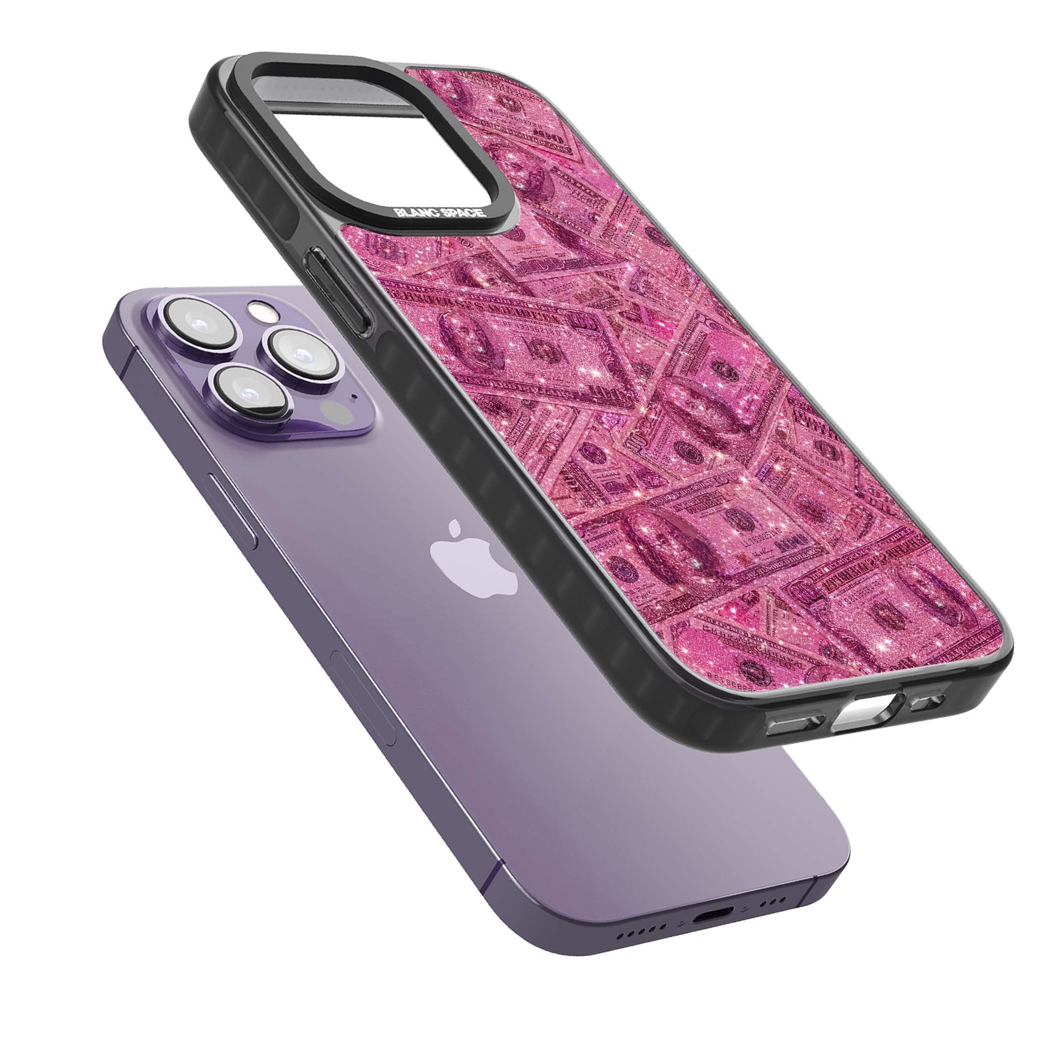 Glamorous baddie iPhone case featuring pink glitter hundred dollar bills and sparkling money wallpaper design | Black Impact Magsafe case for iPhone 13 Pro, iPhone 14 Pro, iPhone 15 Pro
