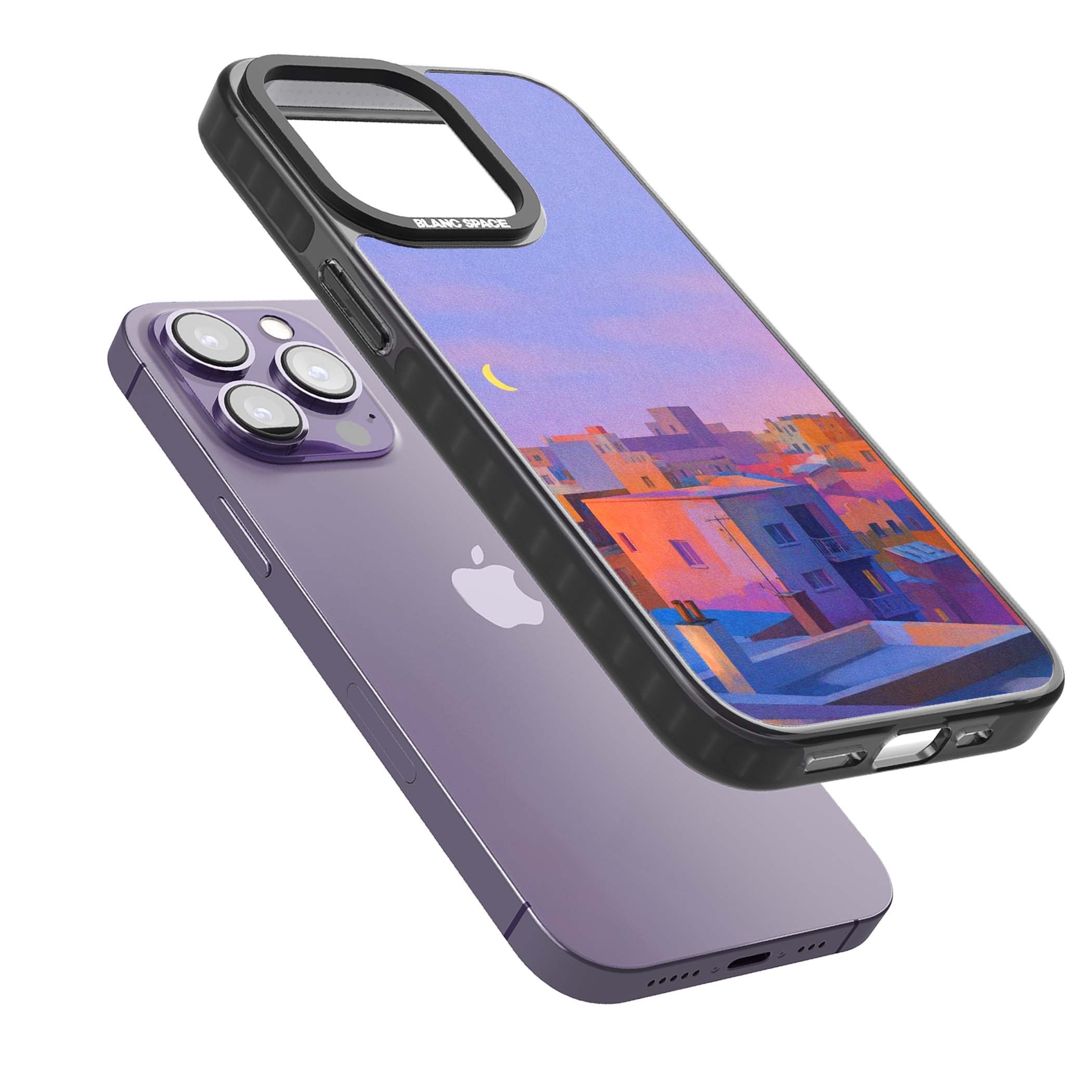Twilight Rooftops vaporwave iPhone case featuring a pastel sunset cityscape, painted rooftops and a crescent moon. | Black Impact Magsafe case for iPhone 13 Pro, iPhone 14 Pro, iPhone 15 Pro