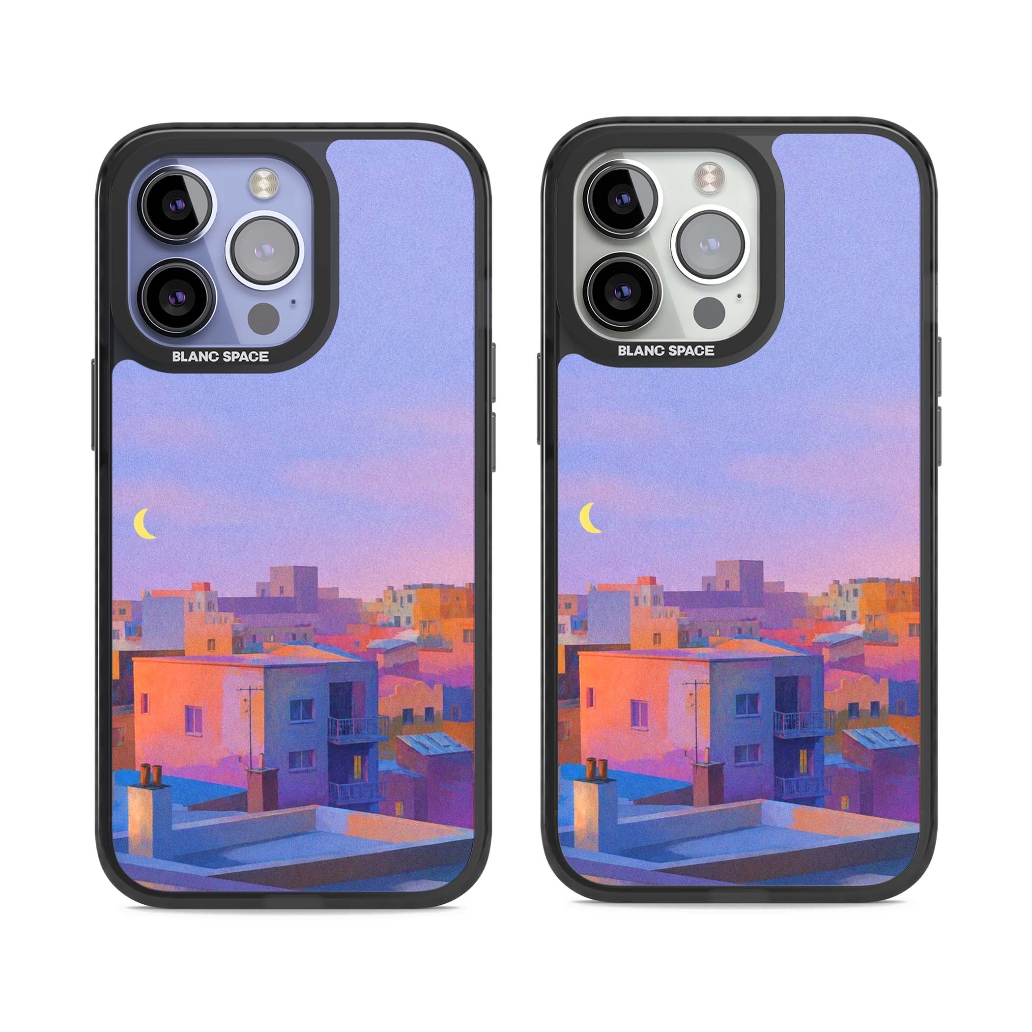 Twilight Rooftops vaporwave iPhone case featuring a pastel sunset cityscape, painted rooftops and a crescent moon. | Black Impact Magsafe case for iPhone 13 Pro, iPhone 14 Pro, iPhone 15 Pro