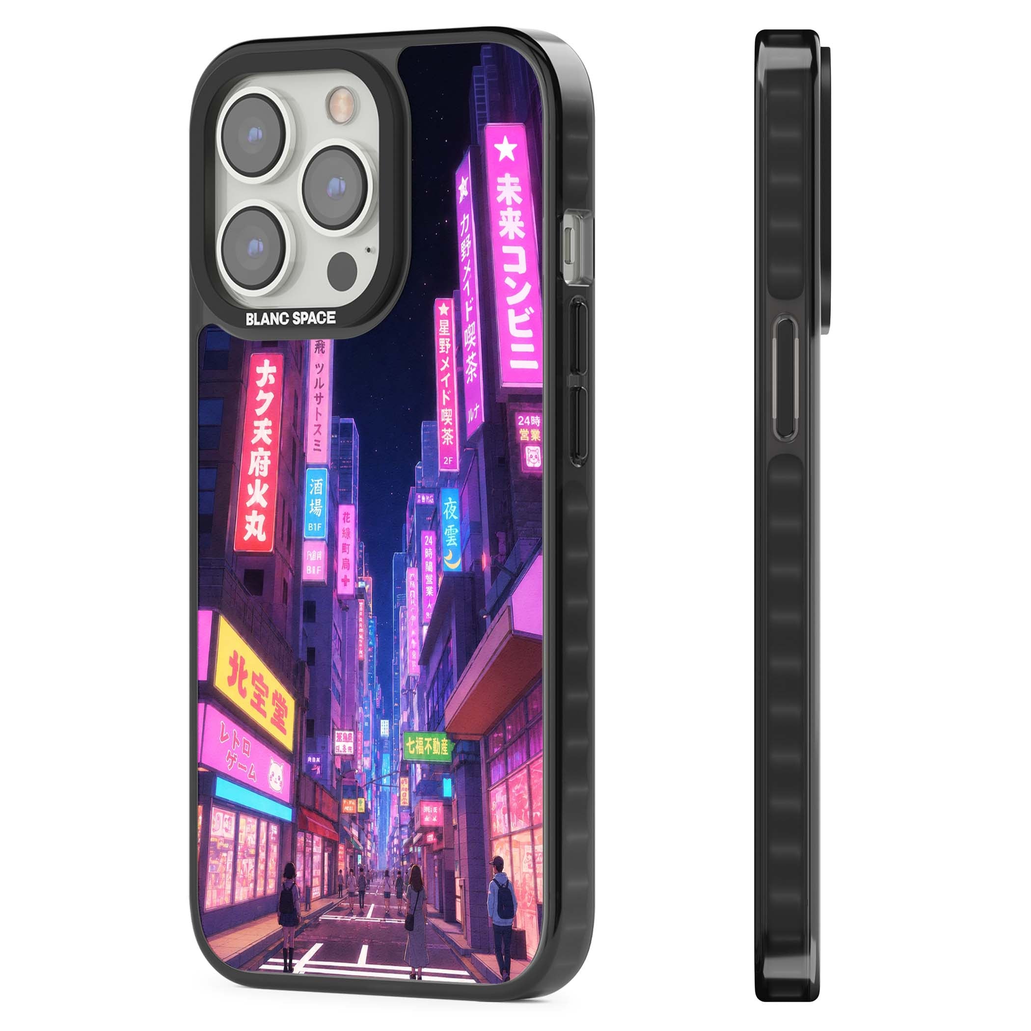 Shibuya At Night Japanese neon city iPhone case featuring glowing kanji signs, pink storefronts and a Tokyo street at n | Black Impact Magsafe case for iPhone 13 Pro, iPhone 14 Pro, iPhone 15 Pro