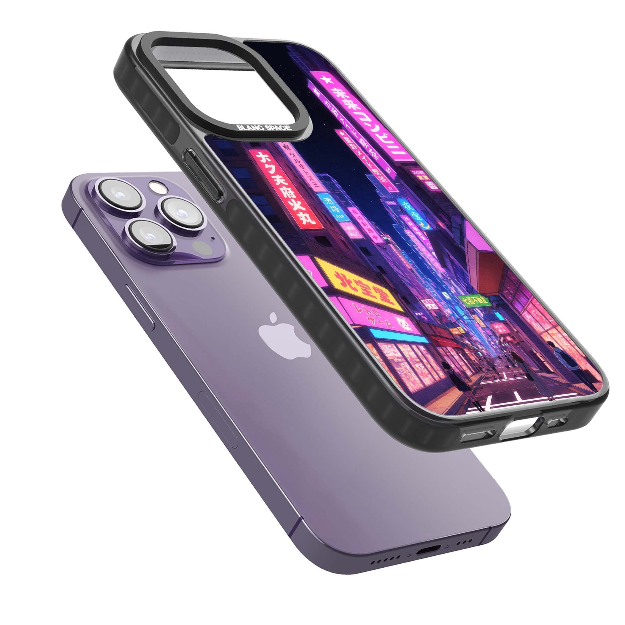 Shibuya At Night Japanese neon city iPhone case featuring glowing kanji signs, pink storefronts and a Tokyo street at n | Black Impact Magsafe case for iPhone 13 Pro, iPhone 14 Pro, iPhone 15 Pro