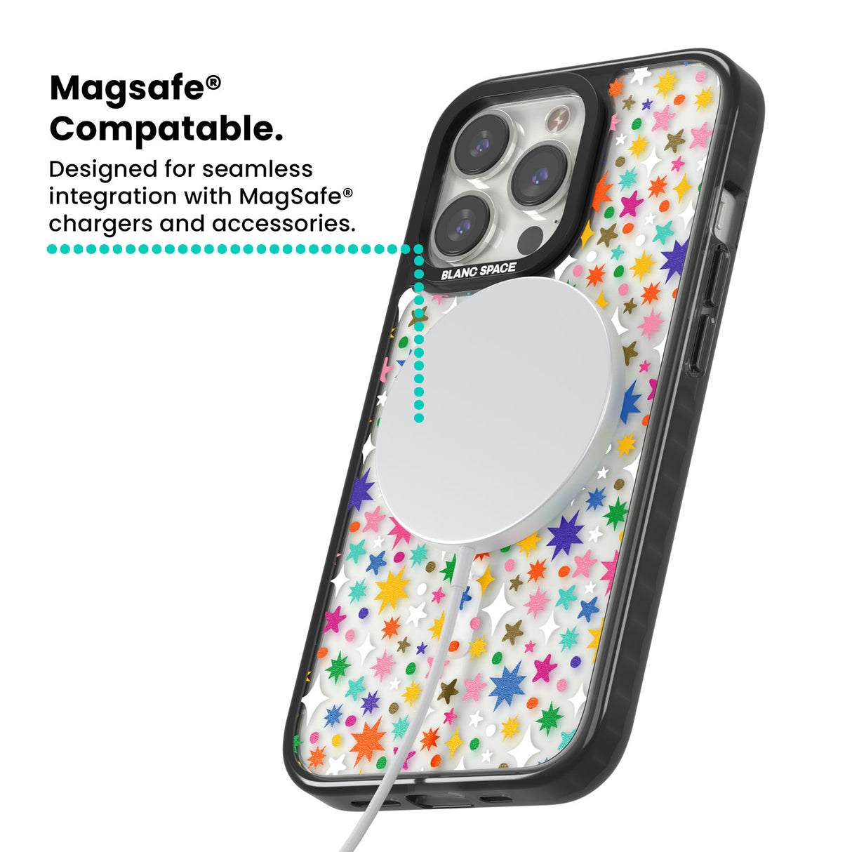 Rainbow Starburst Magsafe Black Impact Phone Case for iPhone 13 Pro, iPhone 14 Pro, iPhone 15 Pro